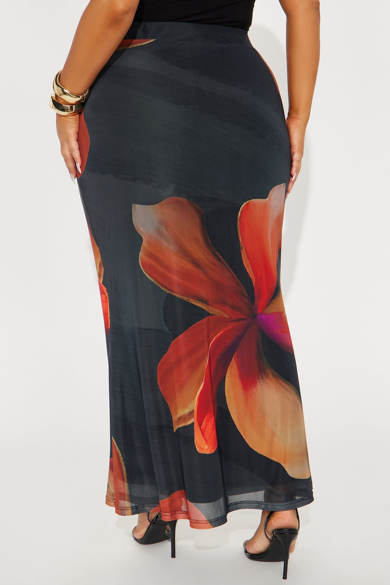 Into The Night Floral Mesh Maxi Skirt - Black/Orange