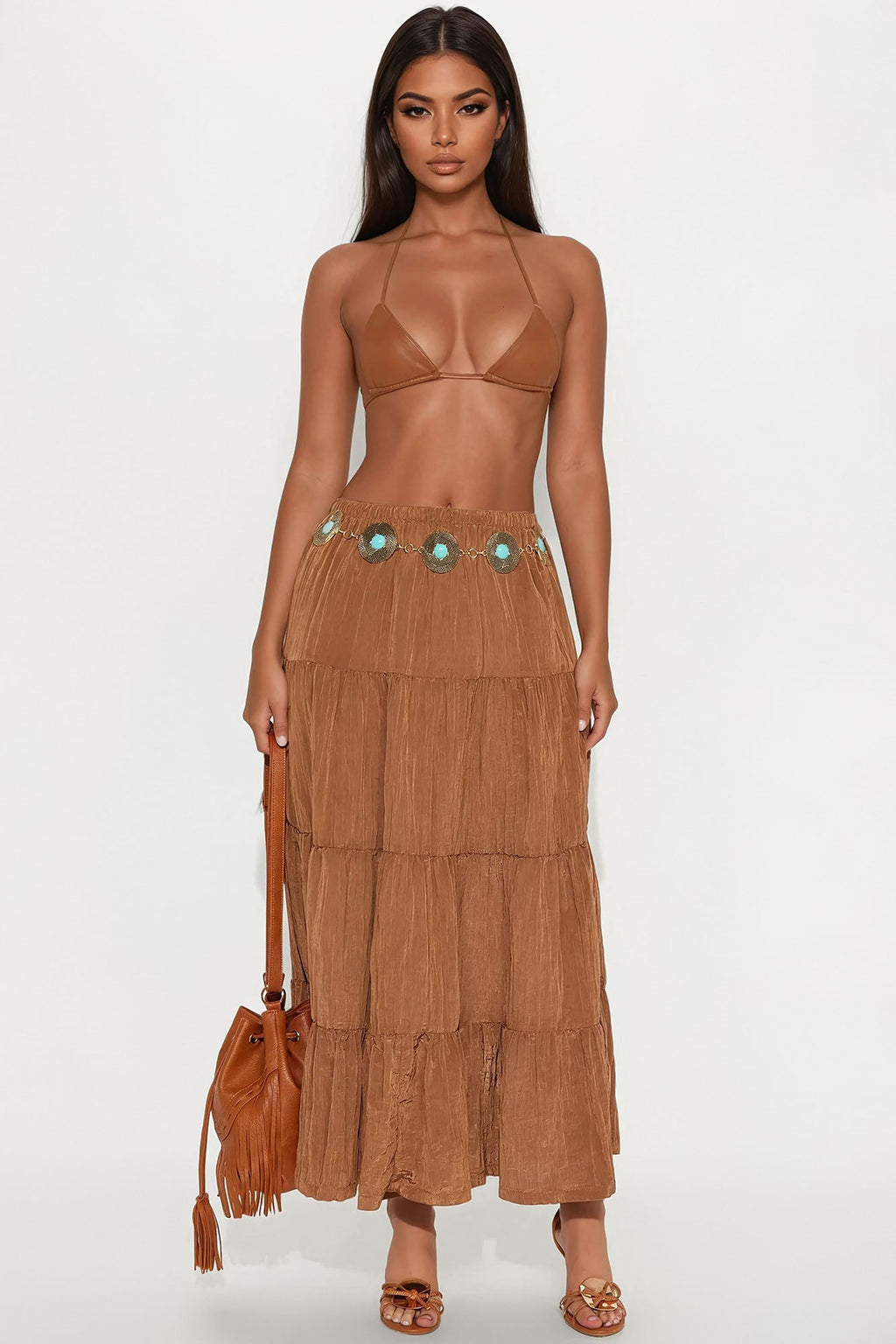 Joy Pleated Satin Tiered Maxi Skirt - Brown