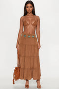 Joy Pleated Satin Tiered Maxi Skirt - Brown