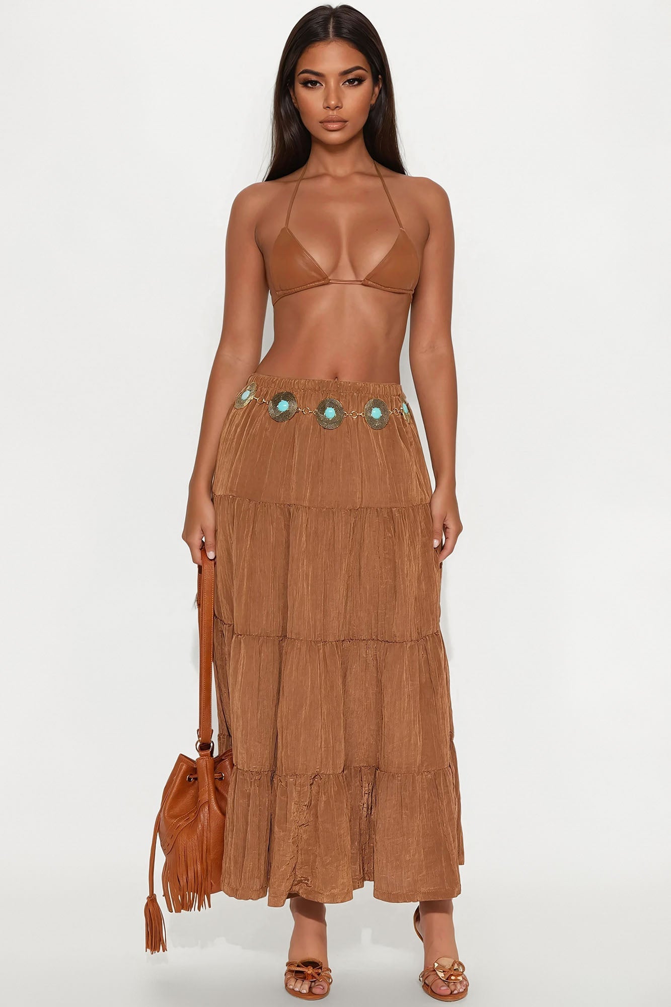 Joy Pleated Satin Tiered Maxi Skirt - Brown