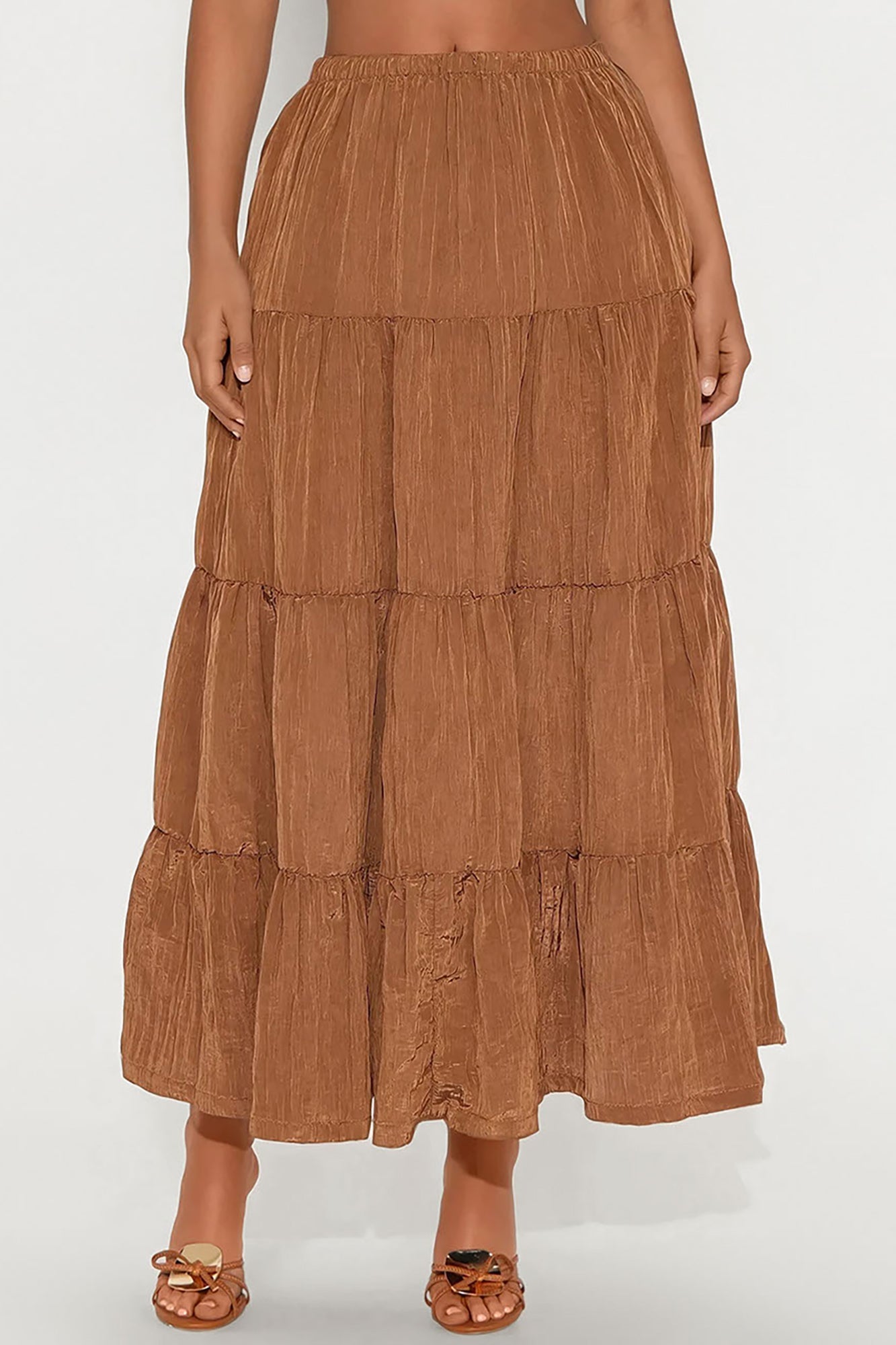 Joy Pleated Satin Tiered Maxi Skirt - Brown