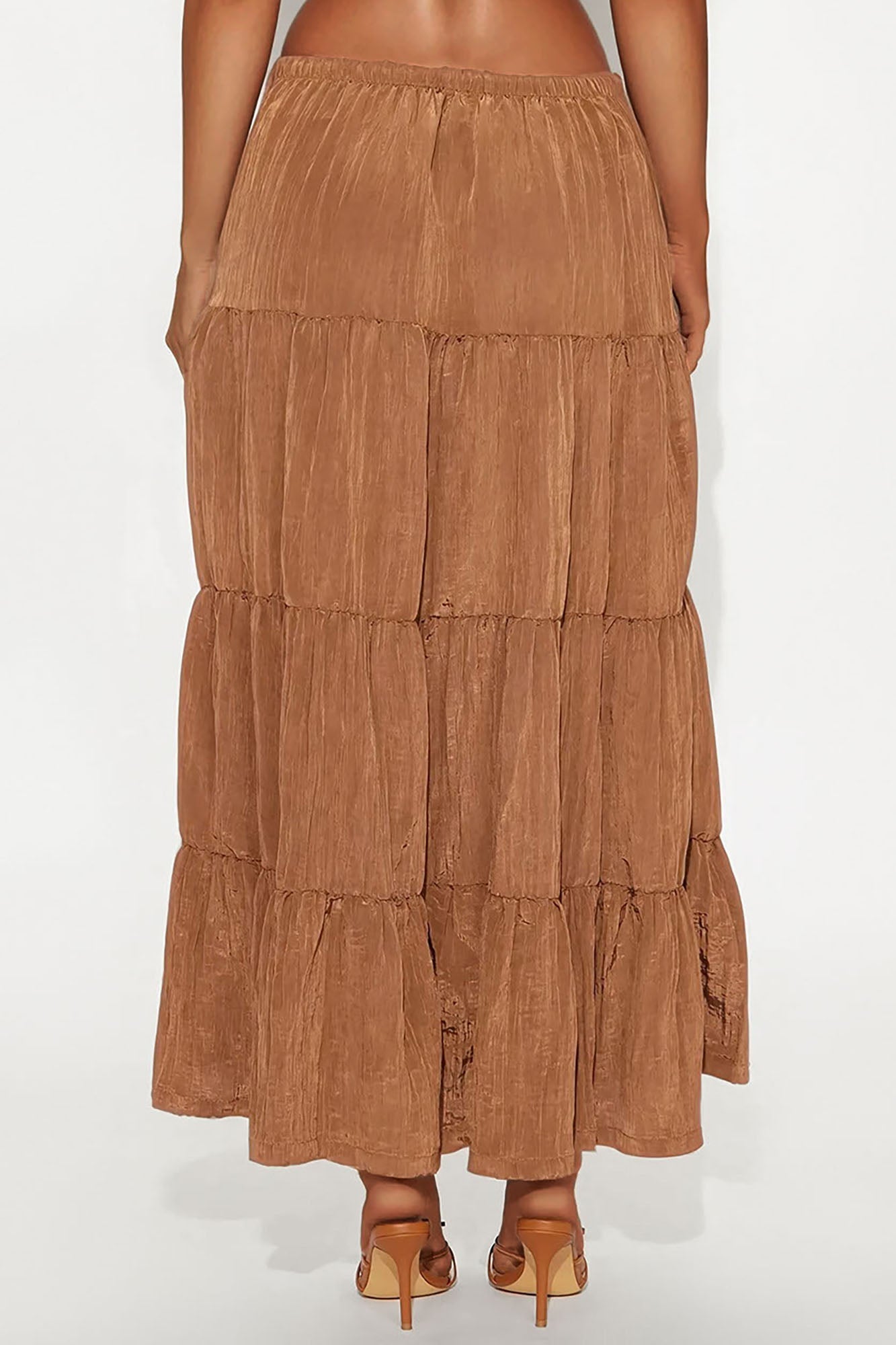 Joy Pleated Satin Tiered Maxi Skirt - Brown
