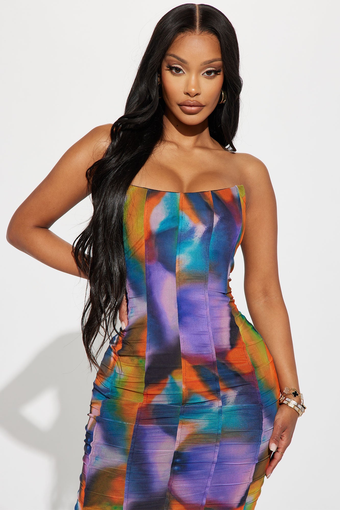 On Point Mesh Corset Midi Dress - Orange/combo