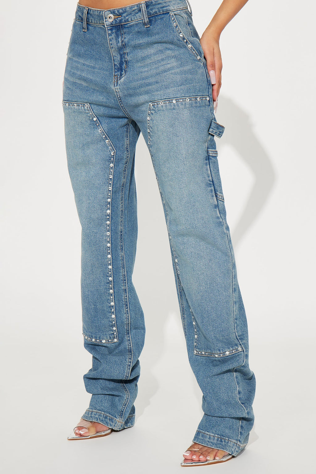 Star Studded Embellished Straight Leg Carpenter Jeans - Medium Wash