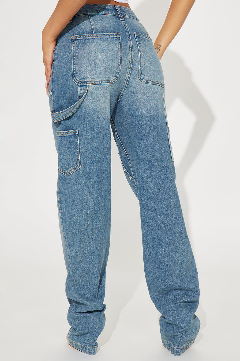 Star Studded Embellished Straight Leg Carpenter Jeans - Medium Wash