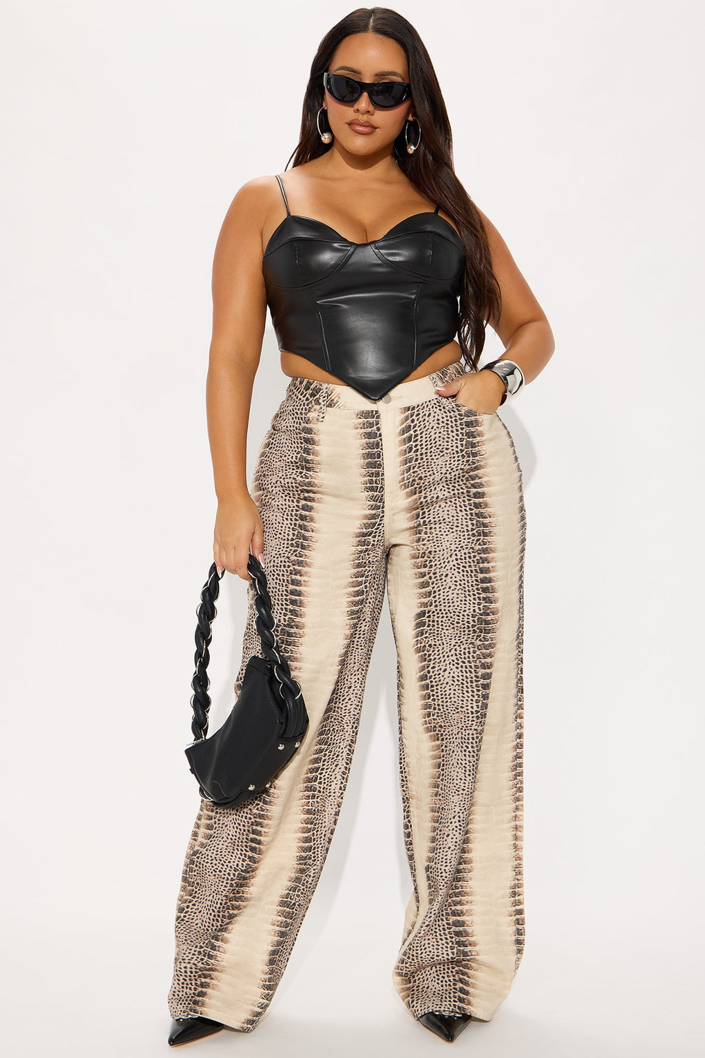 Rattle Me Up High Rise Snake Print Wide Leg Jeans - Beige/Brown