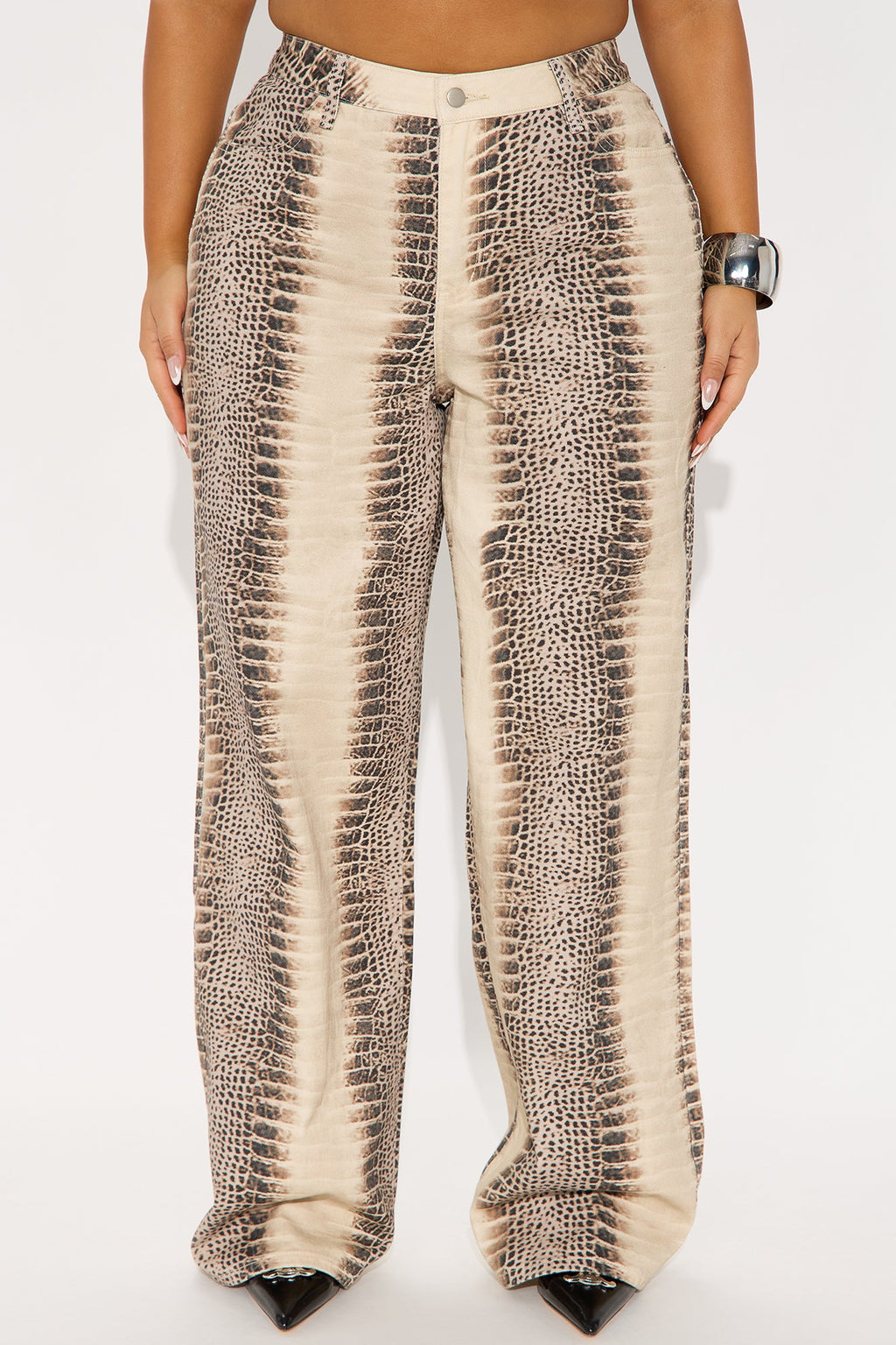 Rattle Me Up High Rise Snake Print Wide Leg Jeans - Beige/Brown