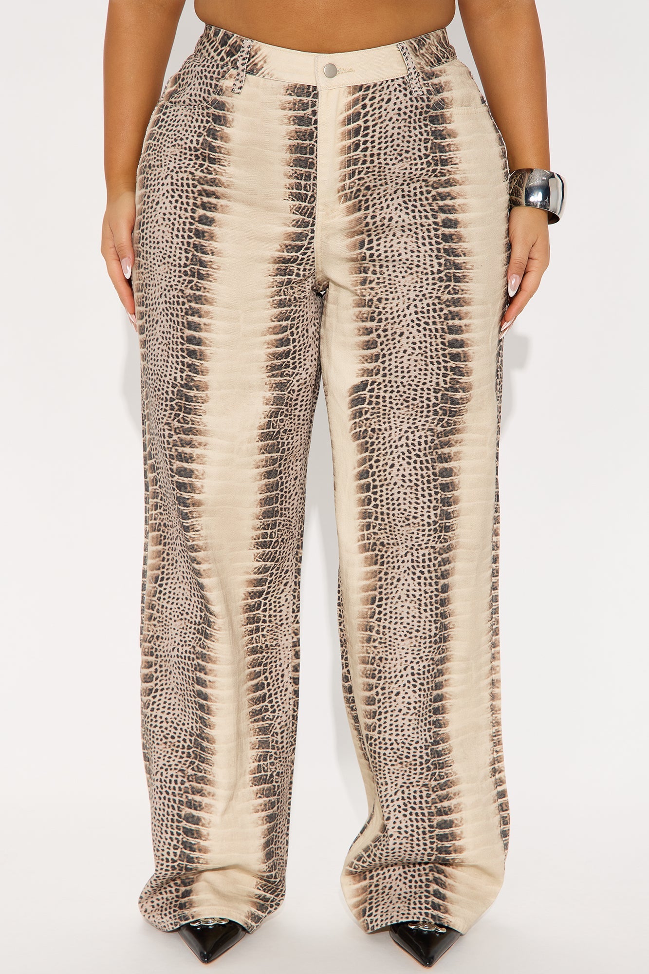 Rattle Me Up High Rise Snake Print Wide Leg Jeans - Beige/Brown