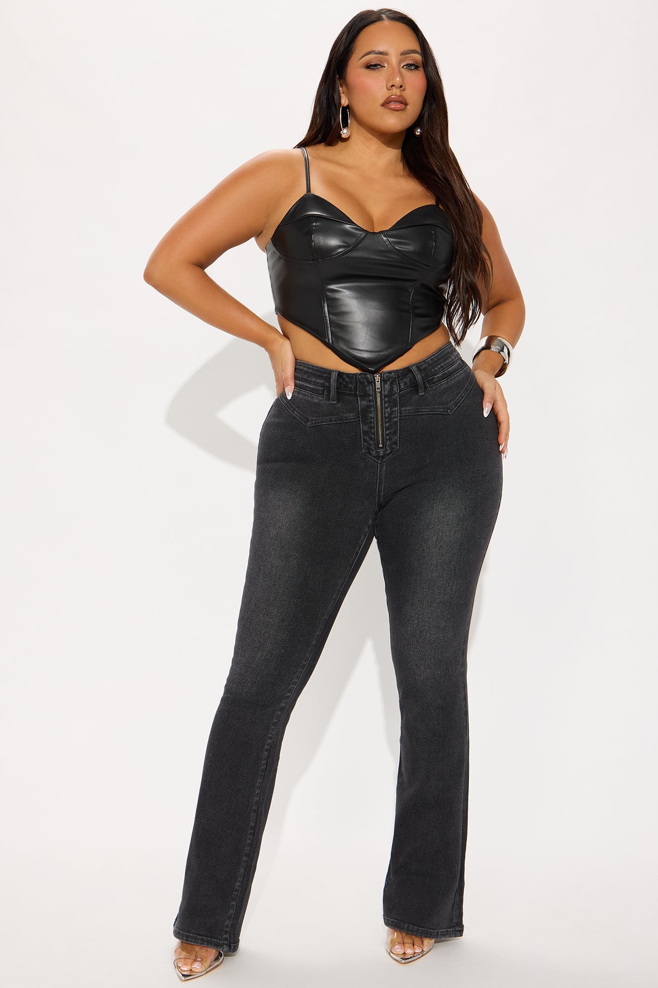 Gaby Zip Front Flare Leg Jeans - Black Wash