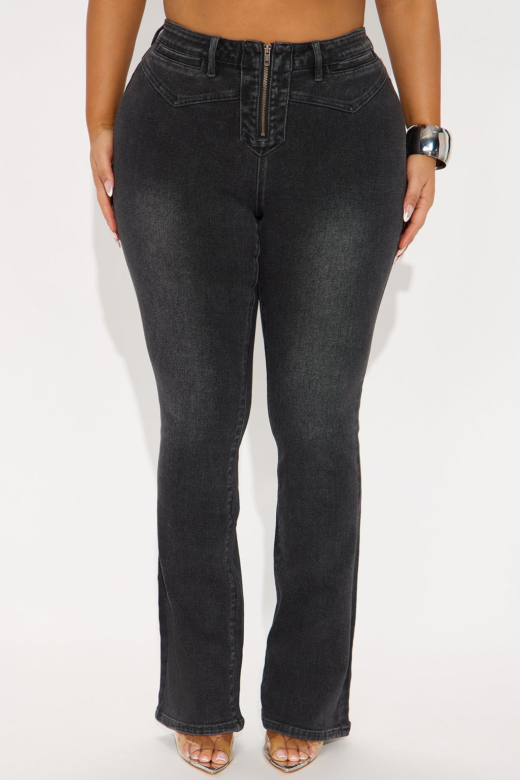 Gaby Zip Front Flare Leg Jeans - Black Wash