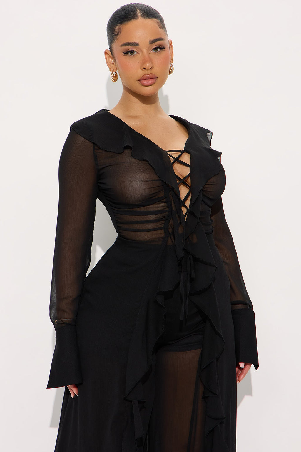 Lia Flowy Chiffon Wide Leg Pant Set - Black