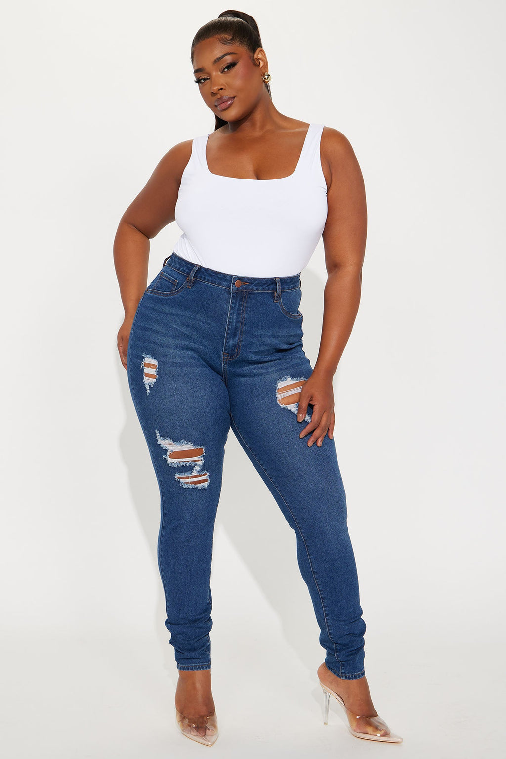 Tall Bedford Booty Sculpting Distressed High Rise Stretch Skinny Jeans - Dark Wash