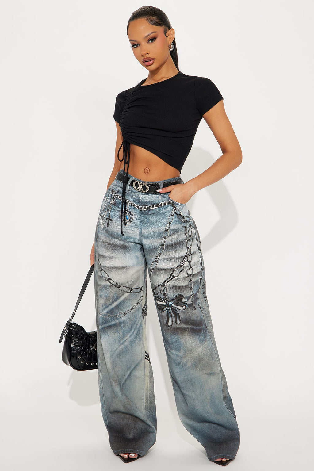 Charmed I'm Sure Printed Wide Leg Jeans - Medium Wash