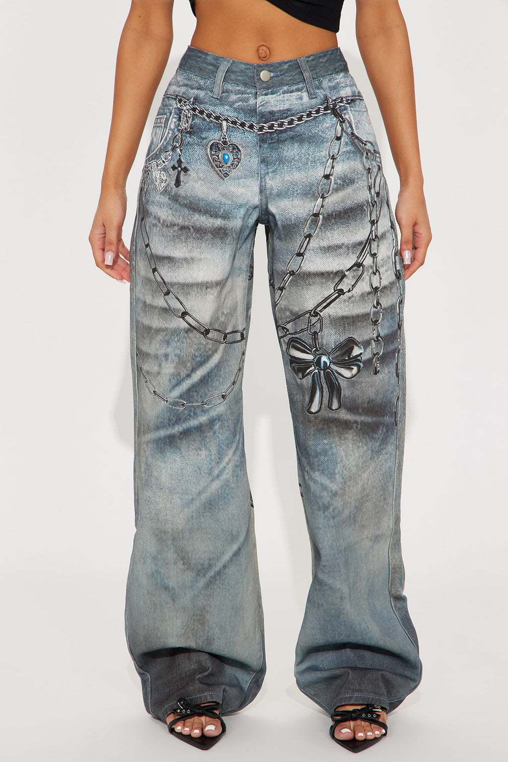 Charmed I'm Sure Printed Wide Leg Jeans - Medium Wash