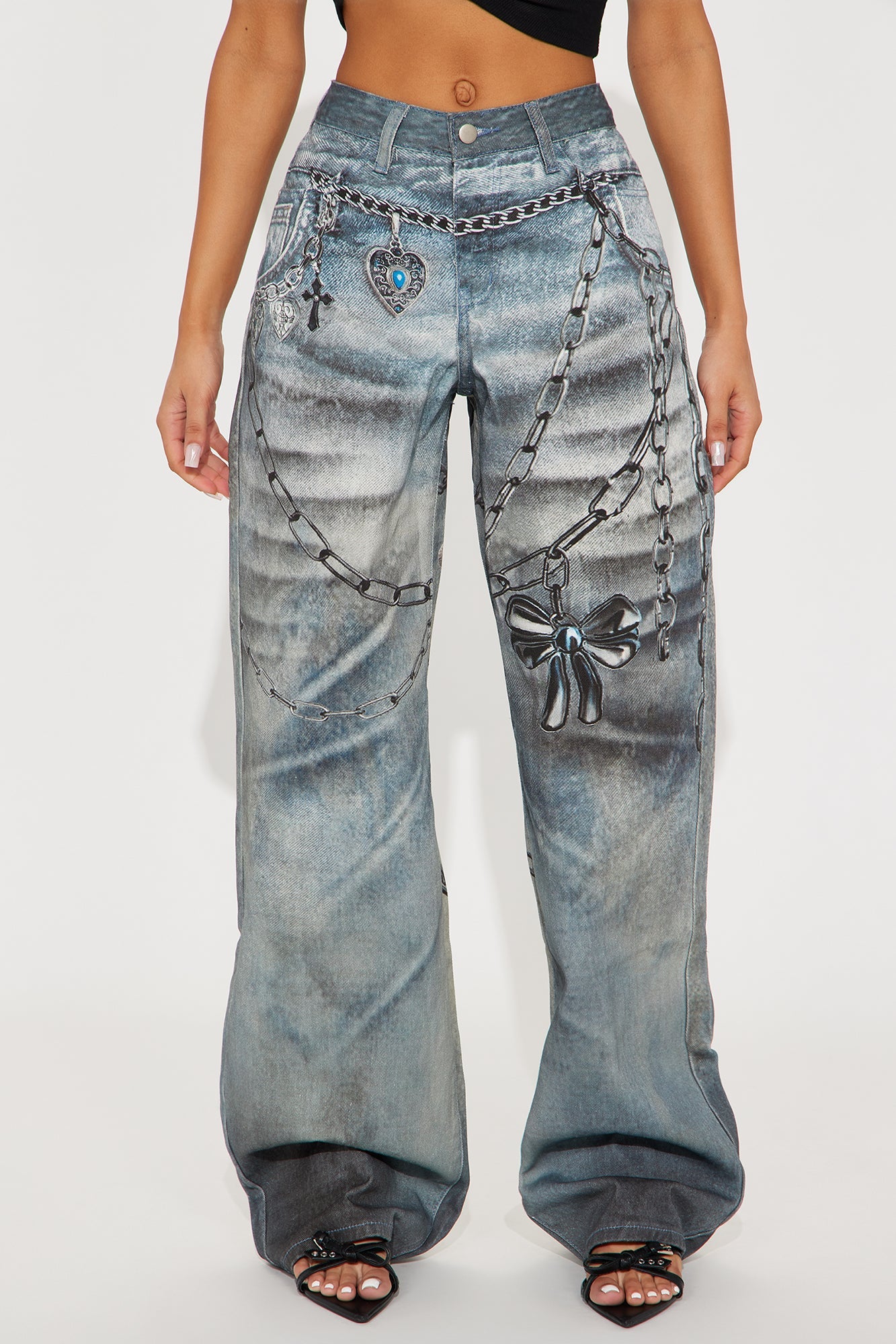 Charmed I'm Sure Printed Wide Leg Jeans - Medium Wash