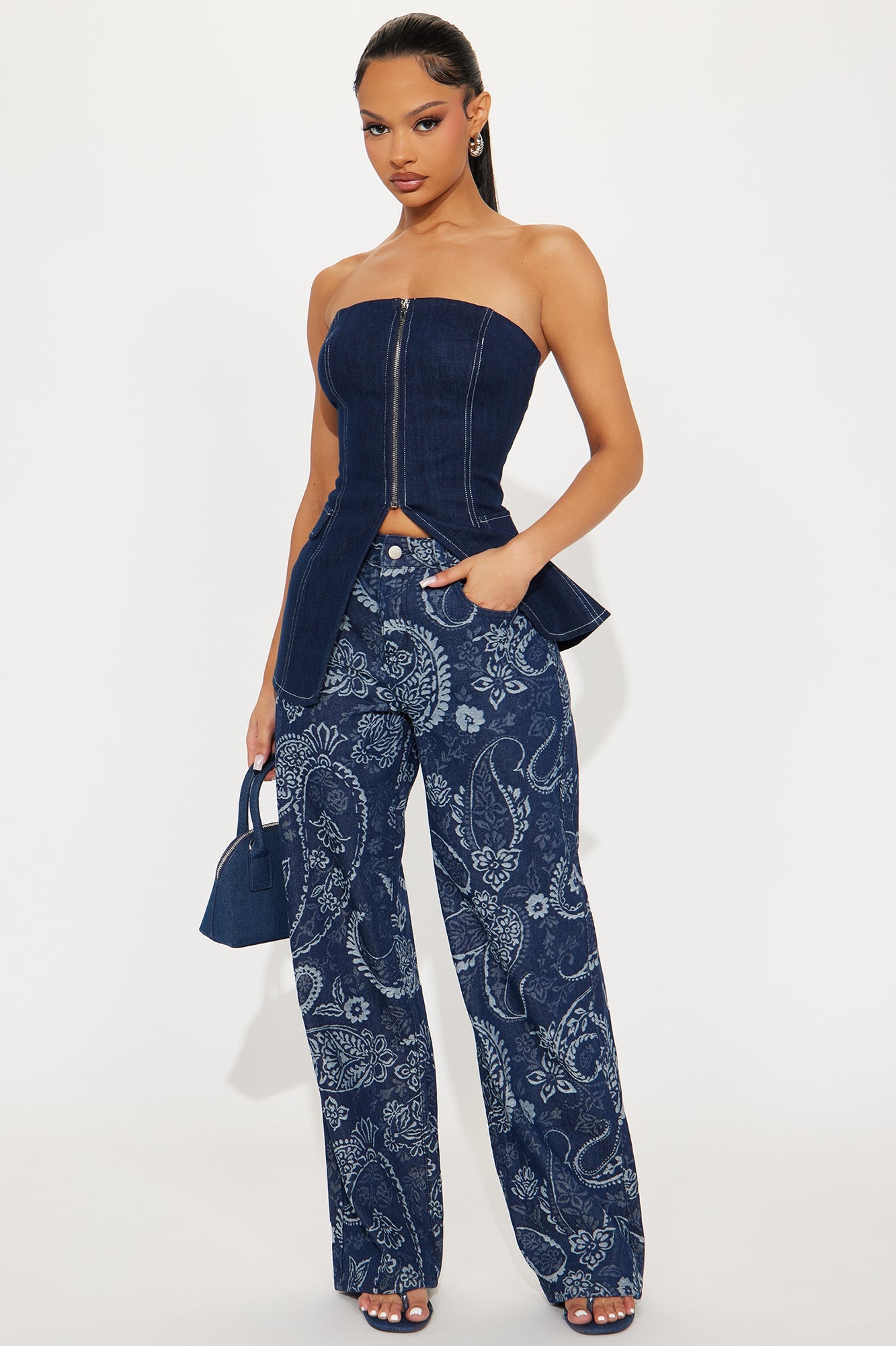 Paisley Dreams Jacquard Wide Leg Jeans - Dark Wash