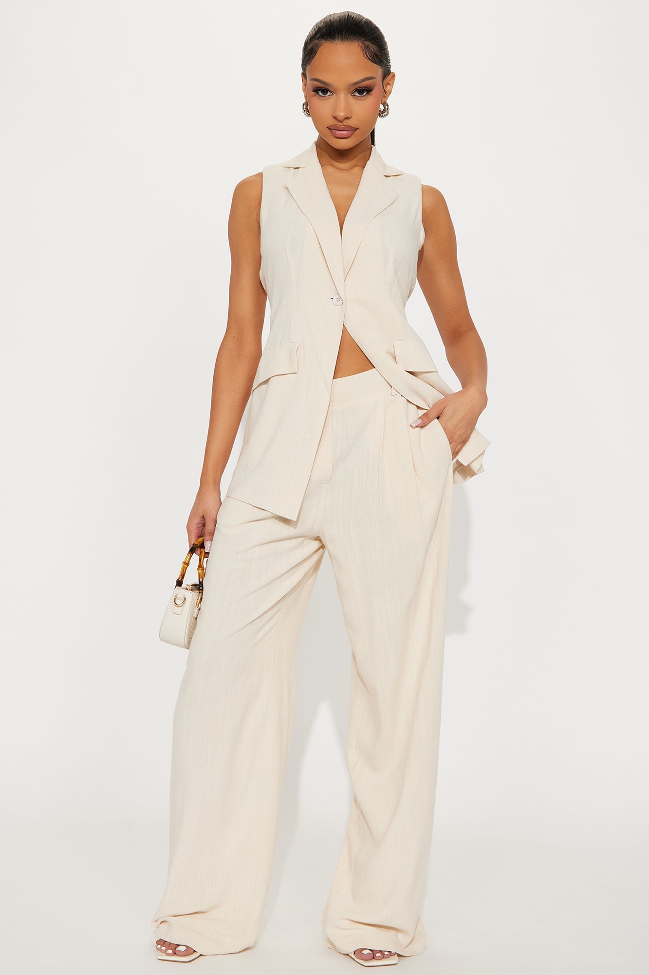 Essential Linen Vest Pant Set - Beige