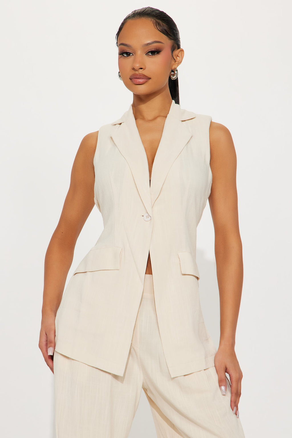 Essential Linen Vest Pant Set - Beige