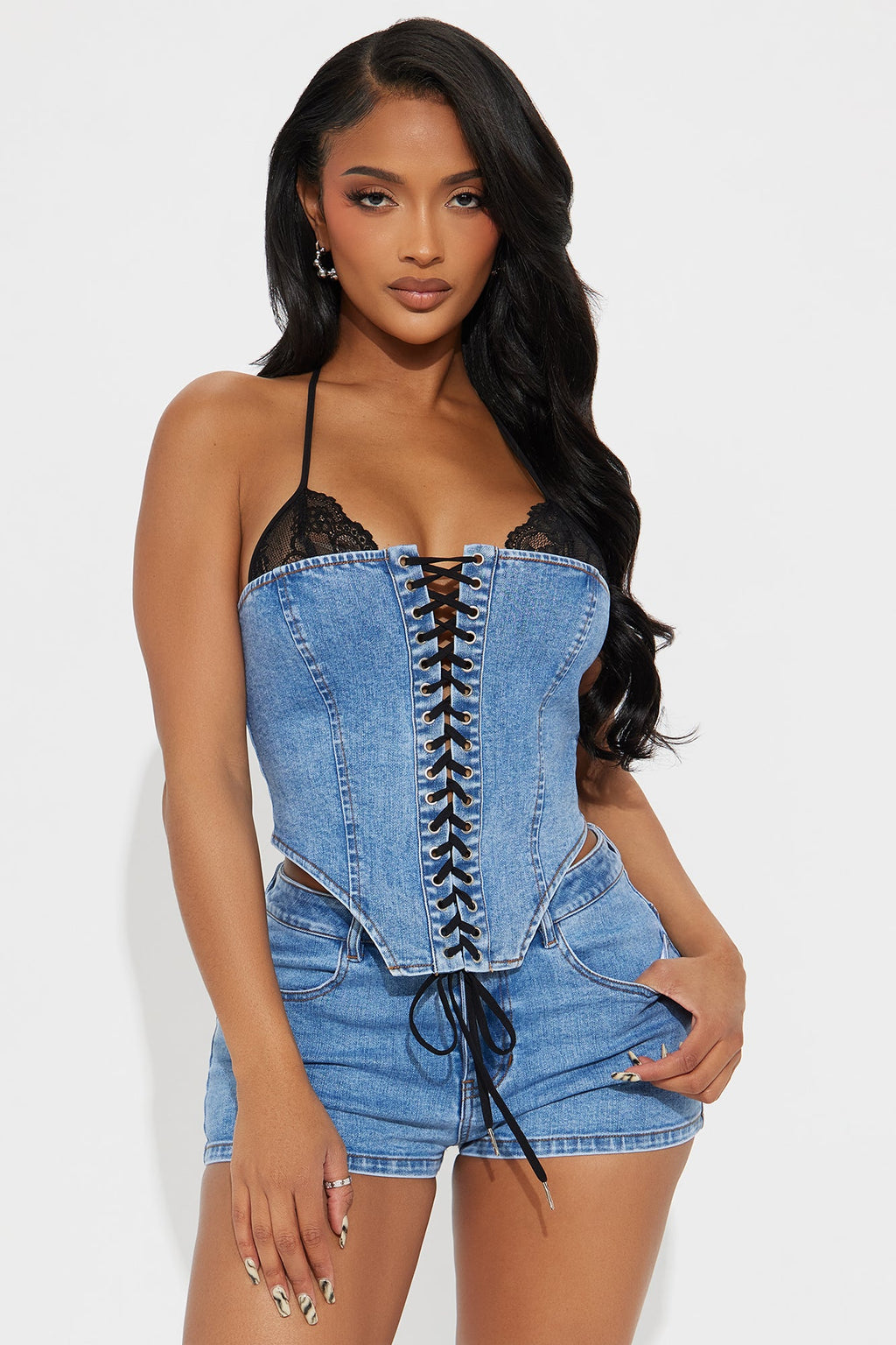 Wanderlust Lace Trim Denim Corset Short Set - Medium Wash