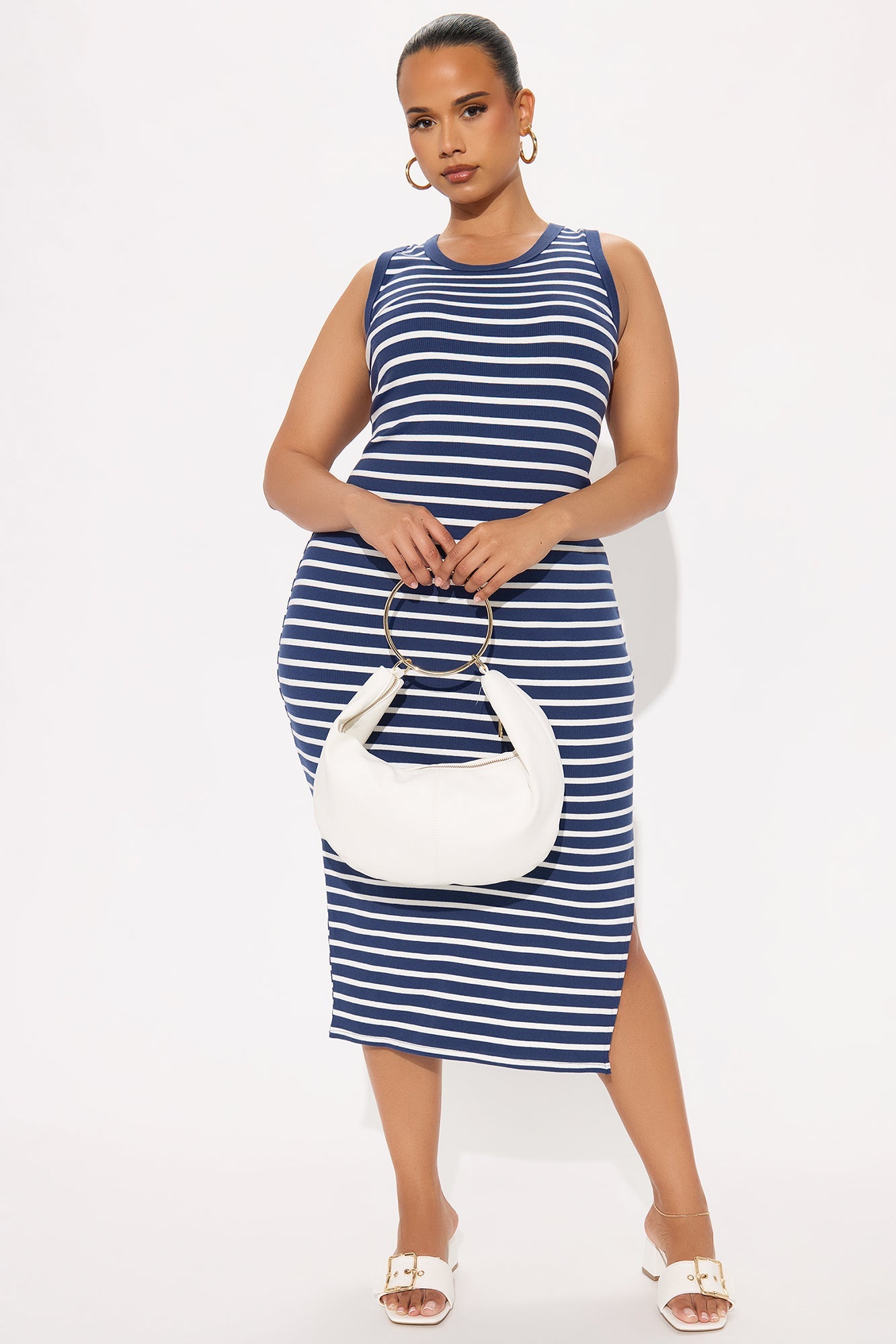 Maya Ribbed Striped Midi Dress - Navy/combo