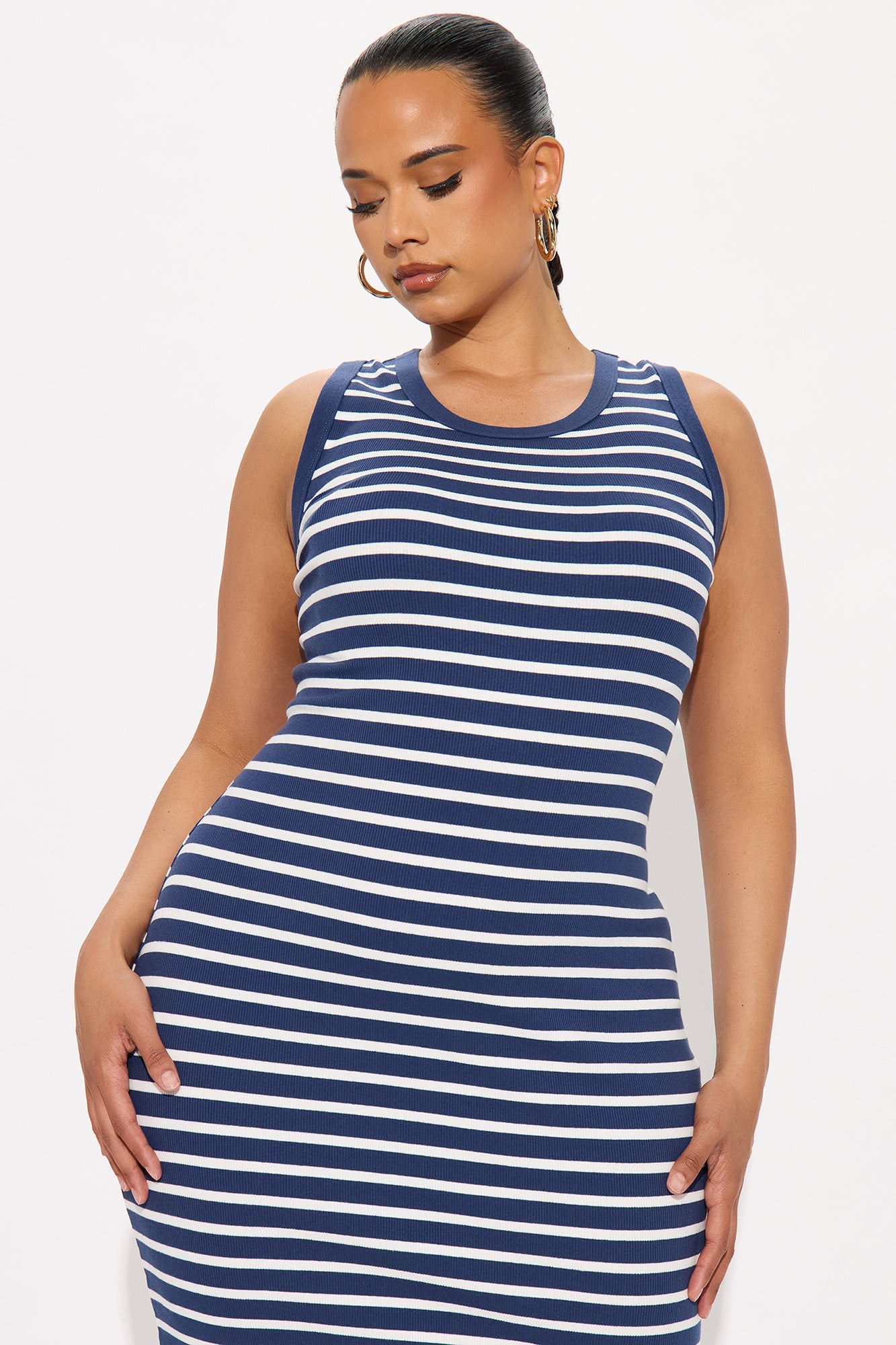Maya Ribbed Striped Midi Dress - Navy/combo
