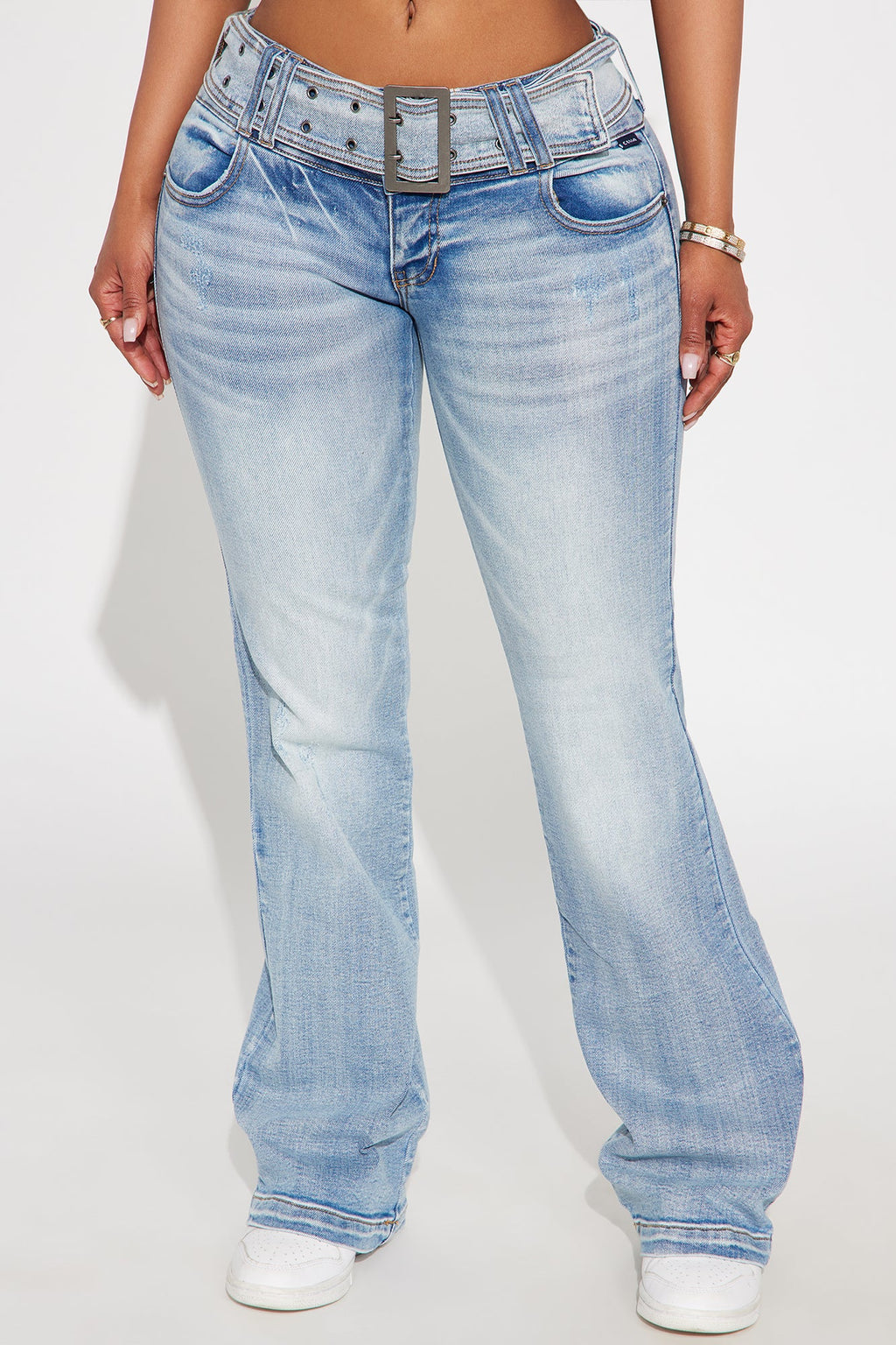 Born To Brag Belted Low Rise Flare Jeans - Medium Wash