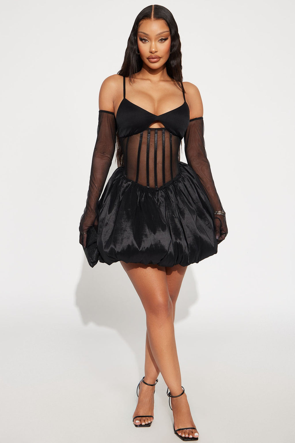Josefina Sheer Corset Bubble Mini Dress - Black