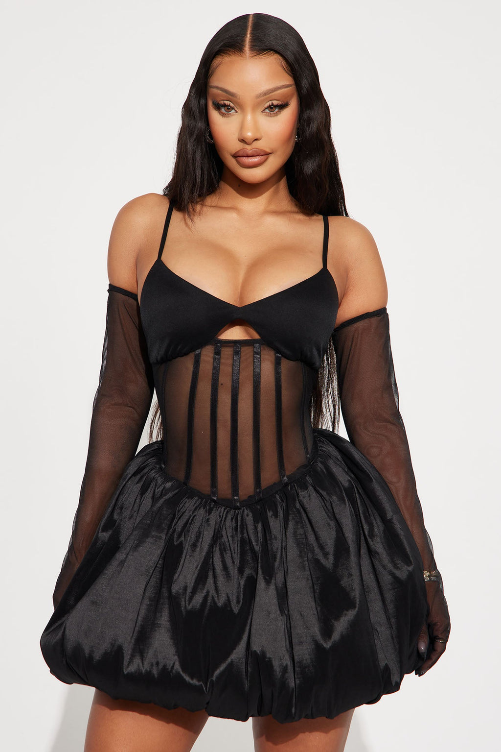 Josefina Sheer Corset Bubble Mini Dress - Black