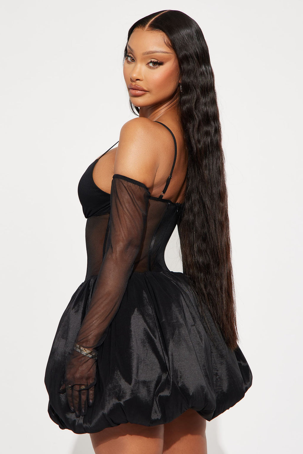 Josefina Sheer Corset Bubble Mini Dress - Black