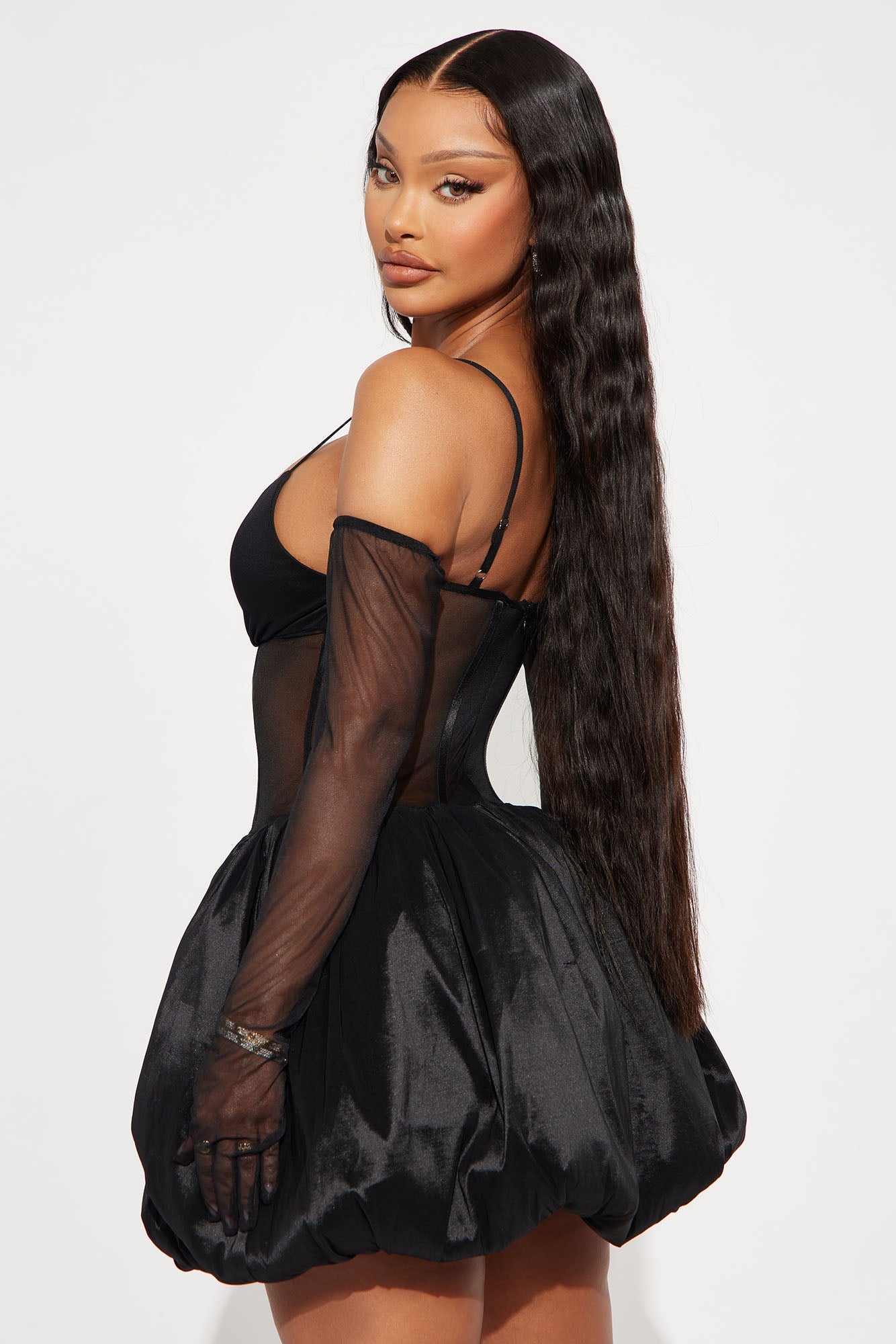 Josefina Sheer Corset Bubble Mini Dress - Black