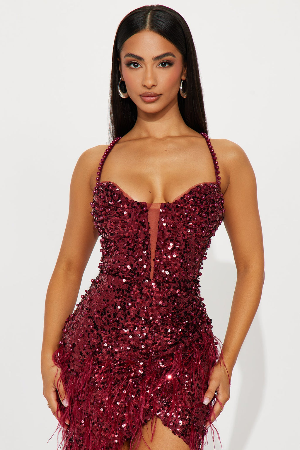 Gina Embellished Mini Dress - Burgundy