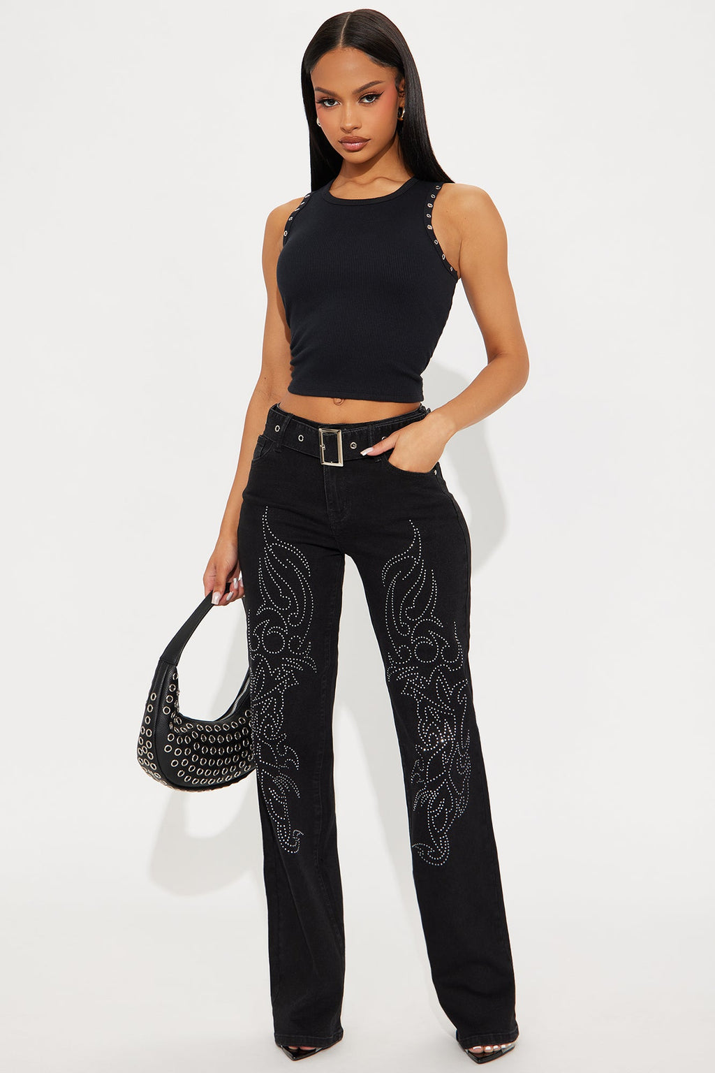 She's Got You Embellished Wide Leg Denim Jeans - Black