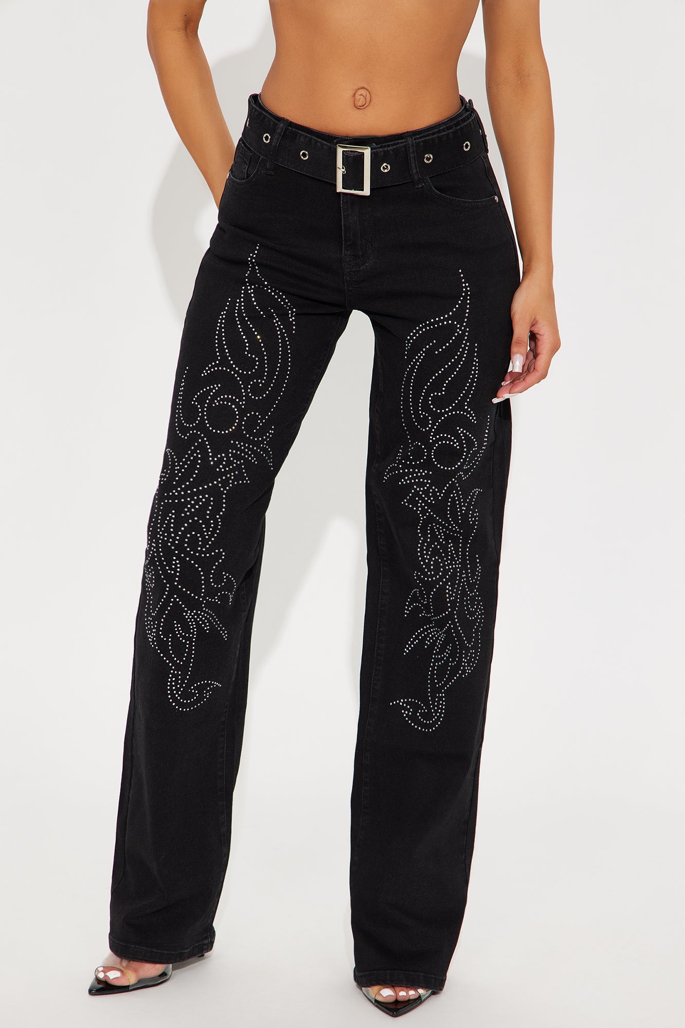 She's Got You Embellished Wide Leg Denim Jeans - Black