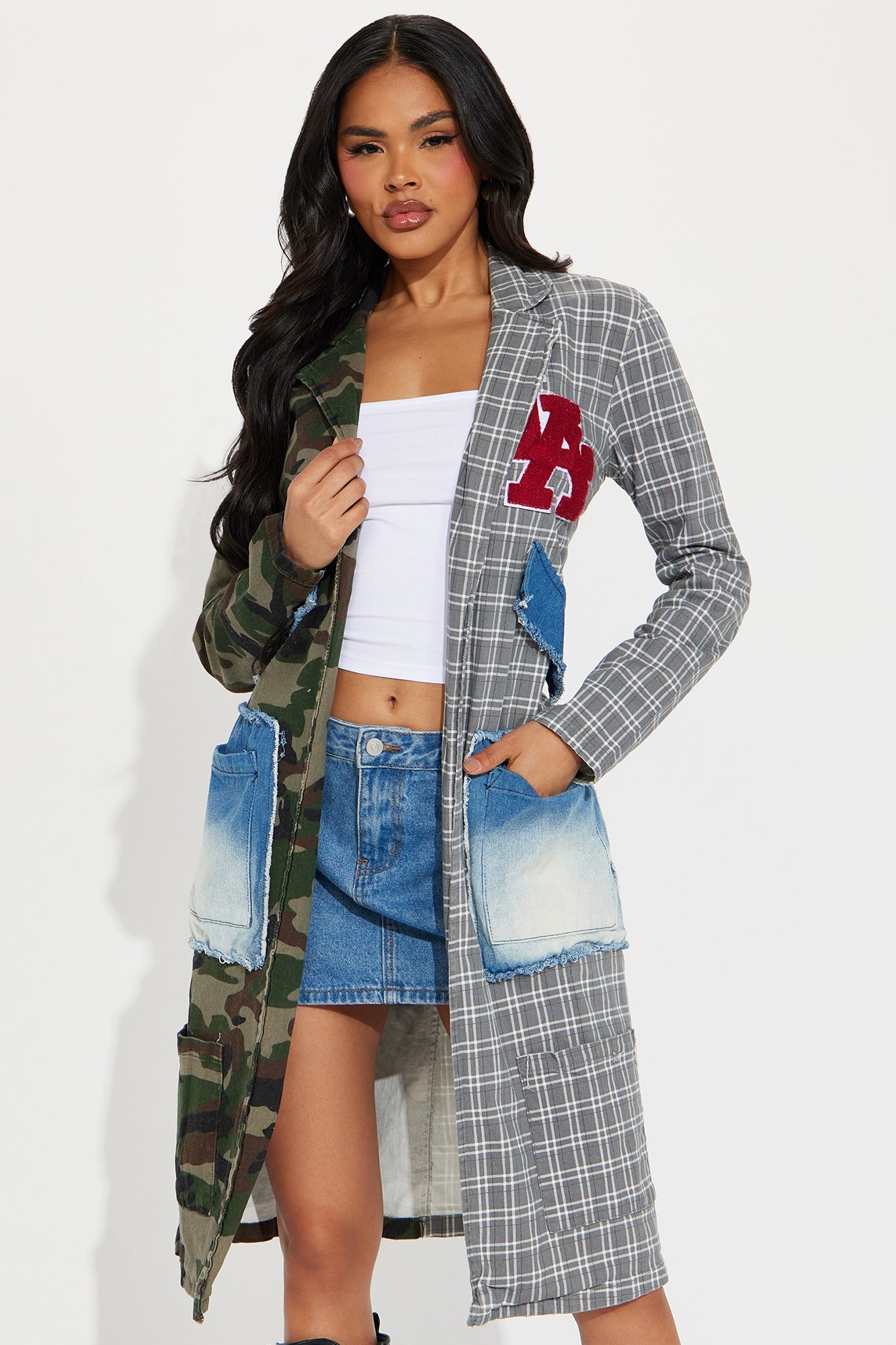 All Patched Up Long Blazer - Olive/combo