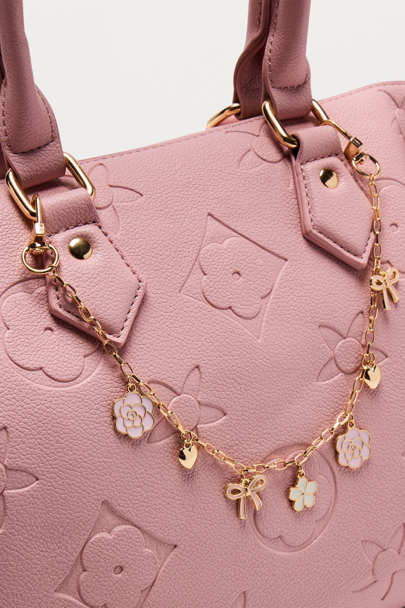 Floral And Feminine Hearts And Bow Handbag Chain - Gold/Pink