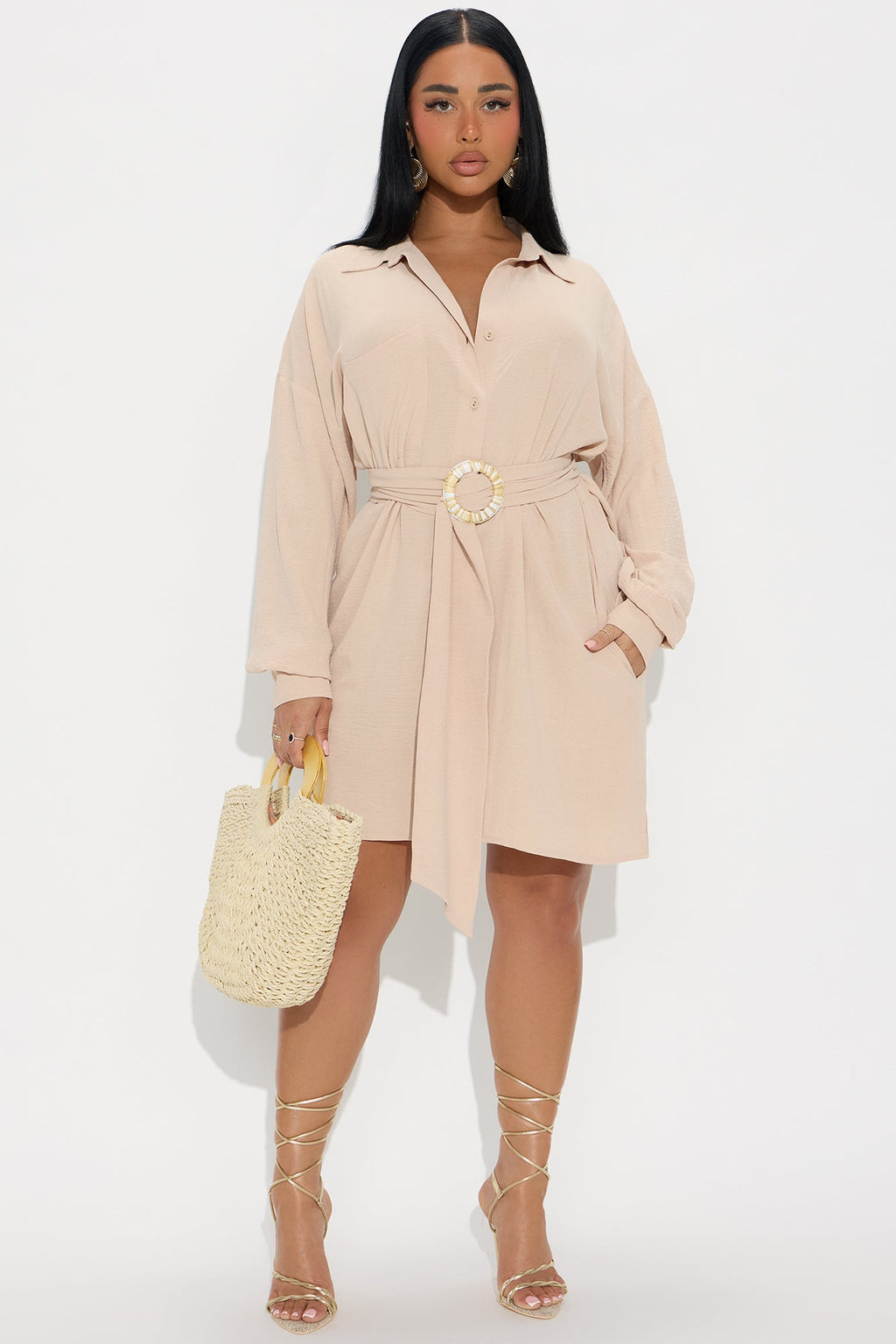 Julieta Belted Shirt Mini Dress - Beige