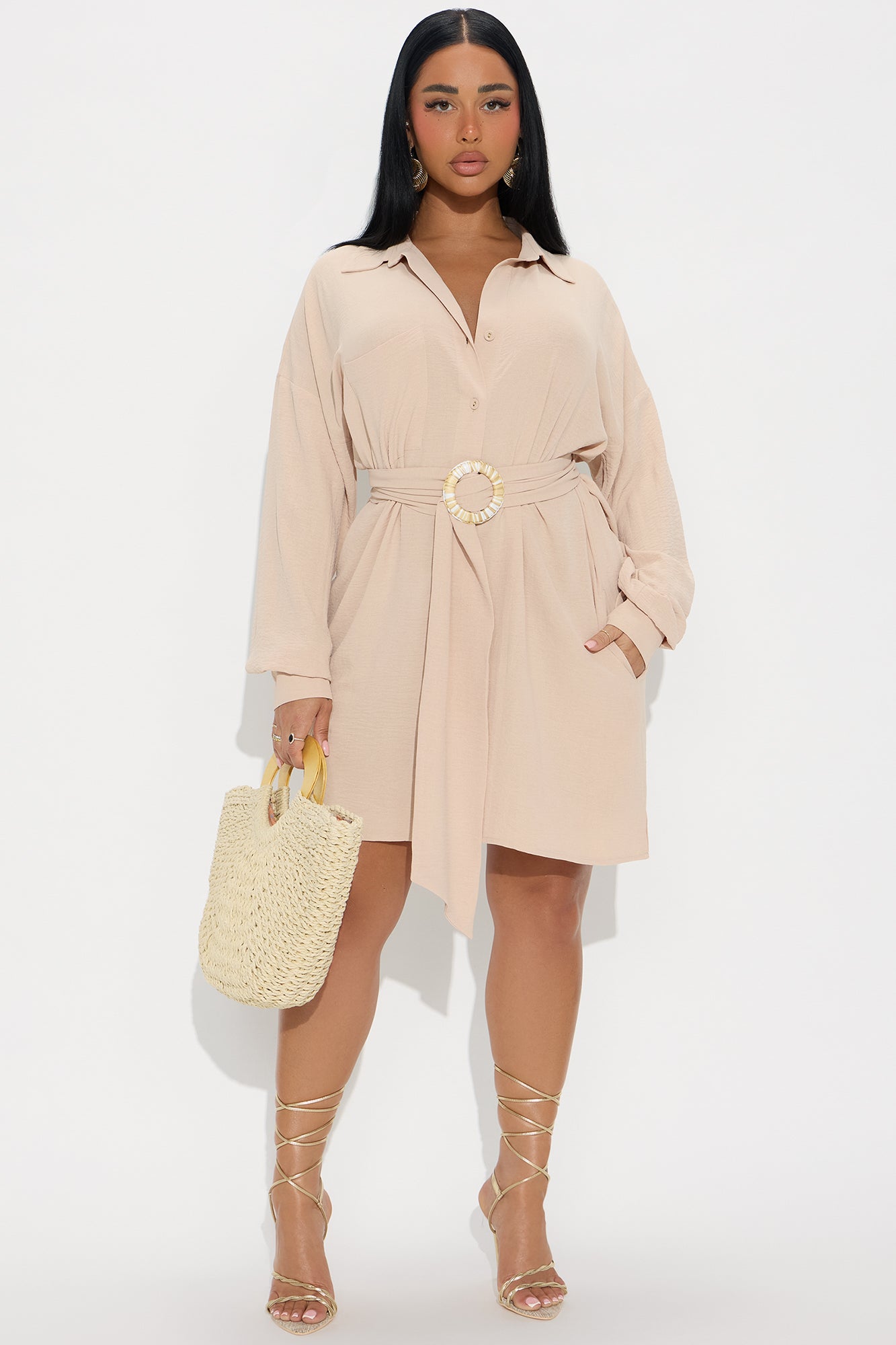 Julieta Belted Shirt Mini Dress - Beige