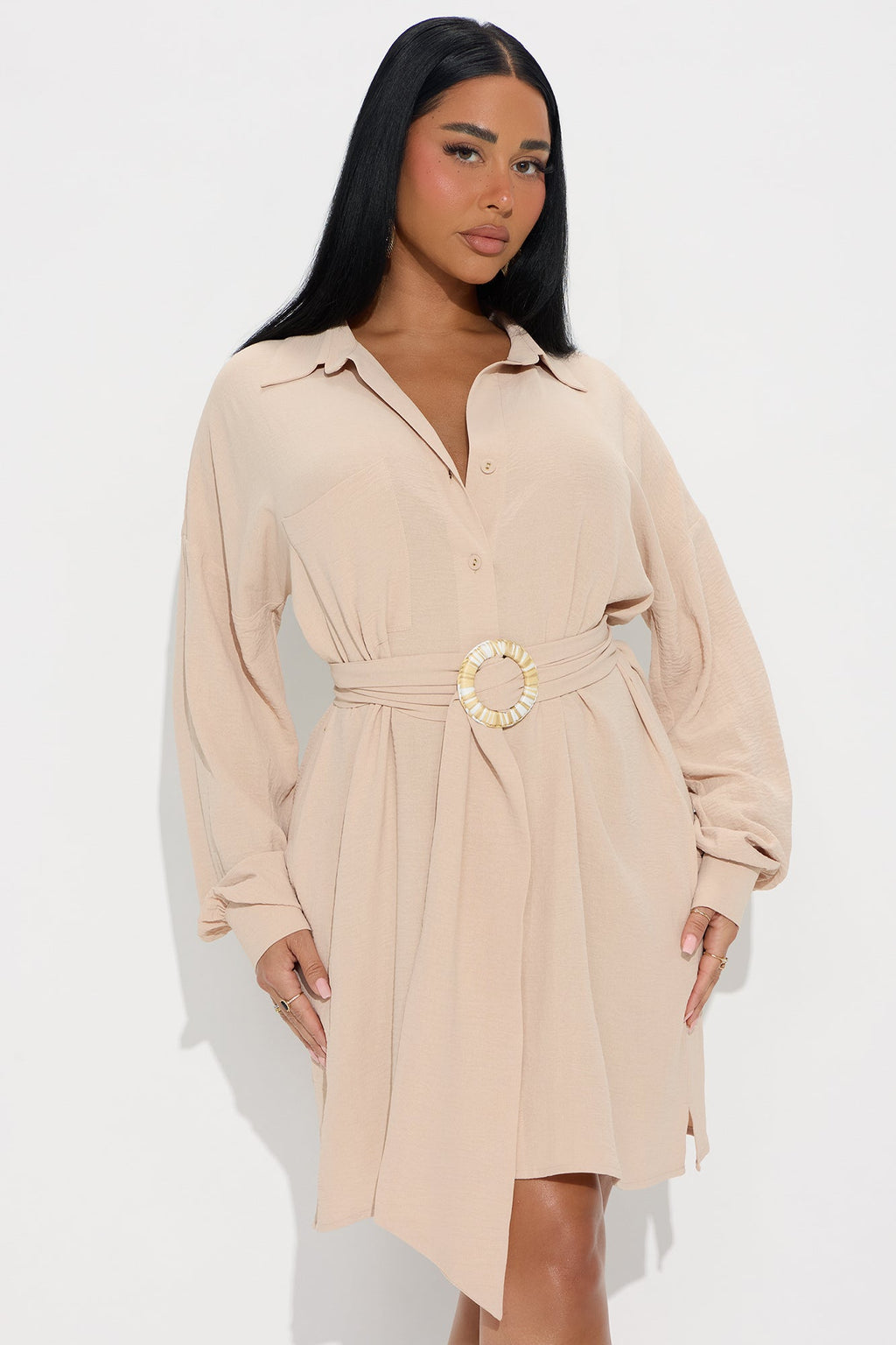 Julieta Belted Shirt Mini Dress - Beige