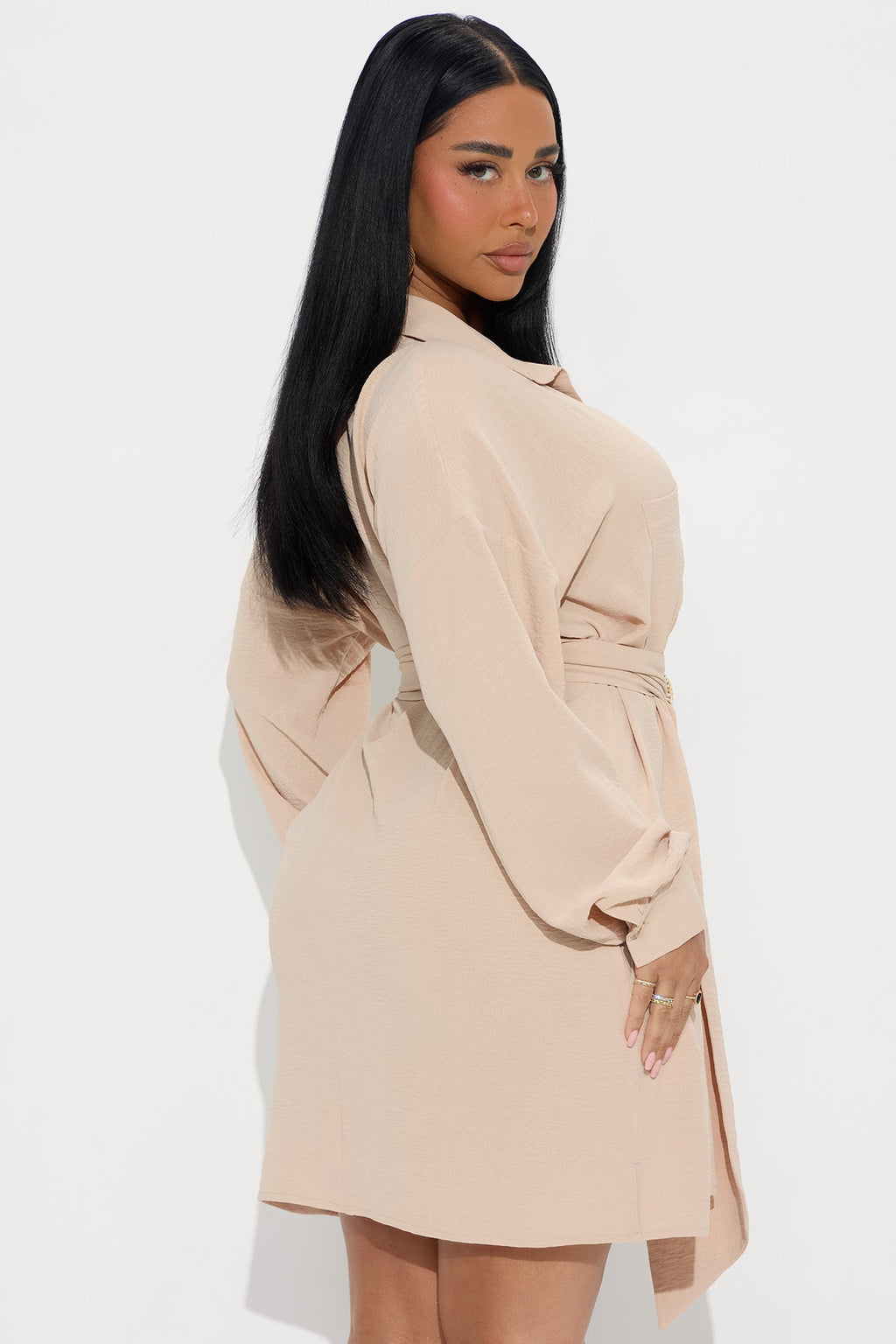 Julieta Belted Shirt Mini Dress - Beige