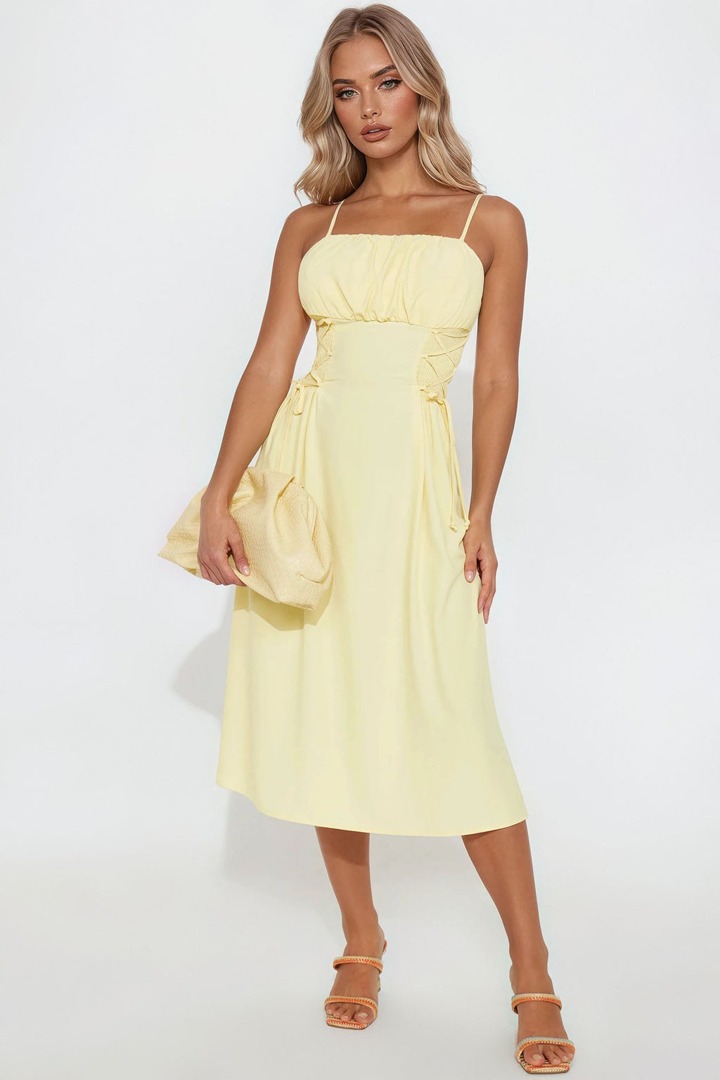 Kaliah Lace Up Midi Dress - Yellow