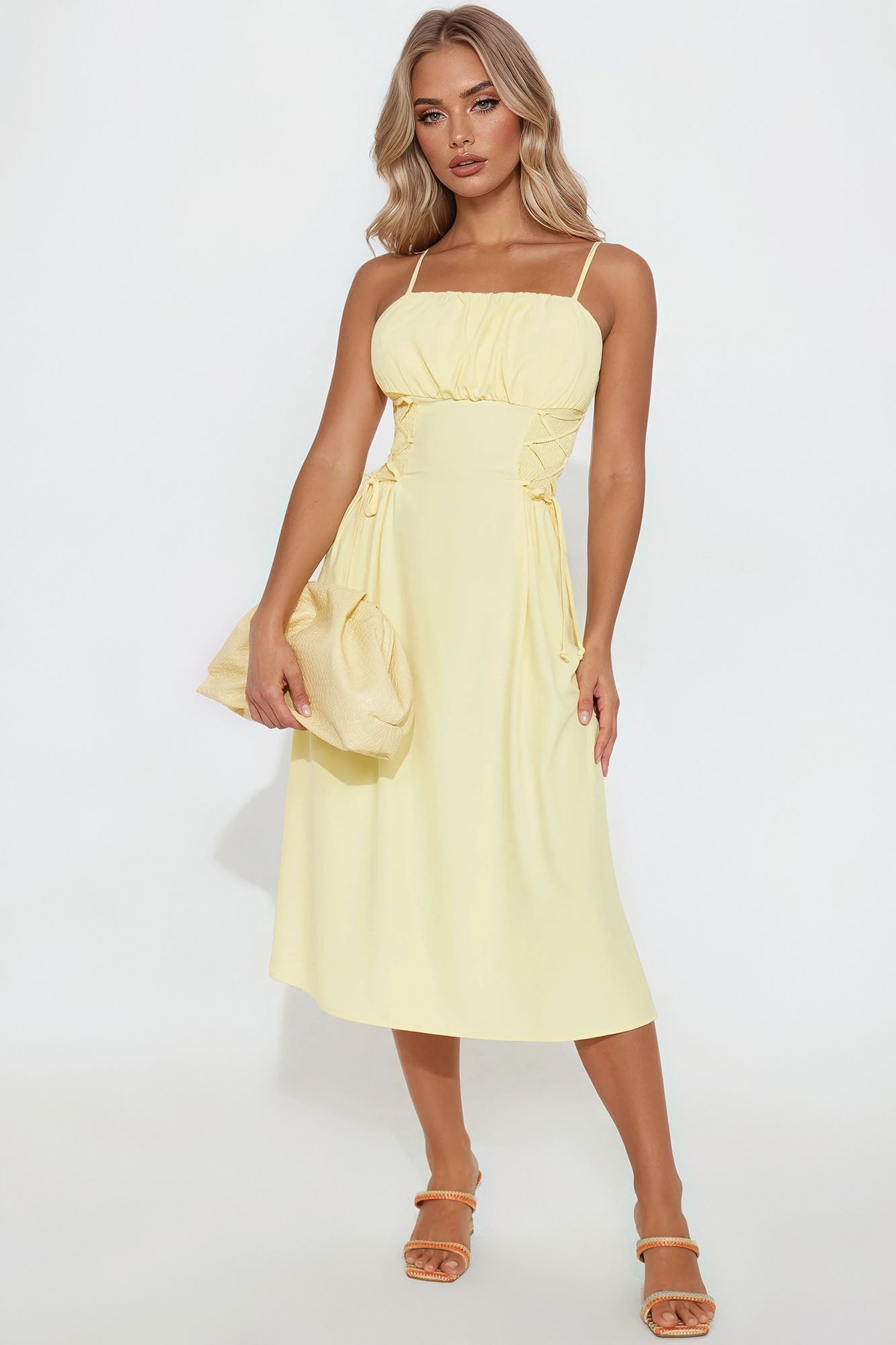 Kaliah Lace Up Midi Dress - Yellow