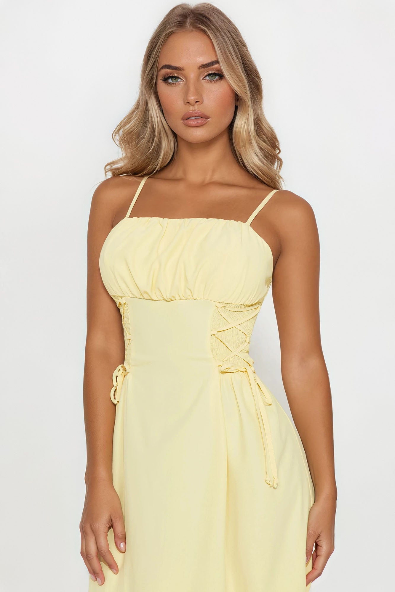 Kaliah Lace Up Midi Dress - Yellow