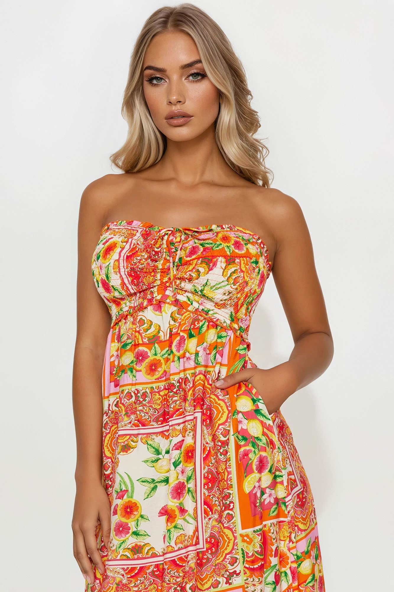 Fresh Belini Strapless Midi Dress - Orange/combo