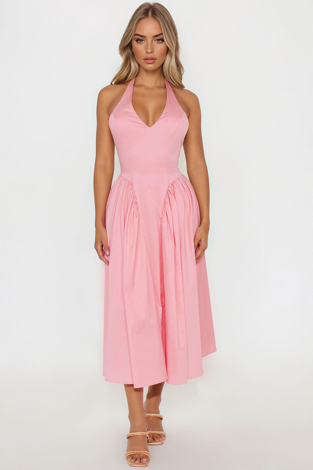 Mara Corset Halter Midi Dress - Pink