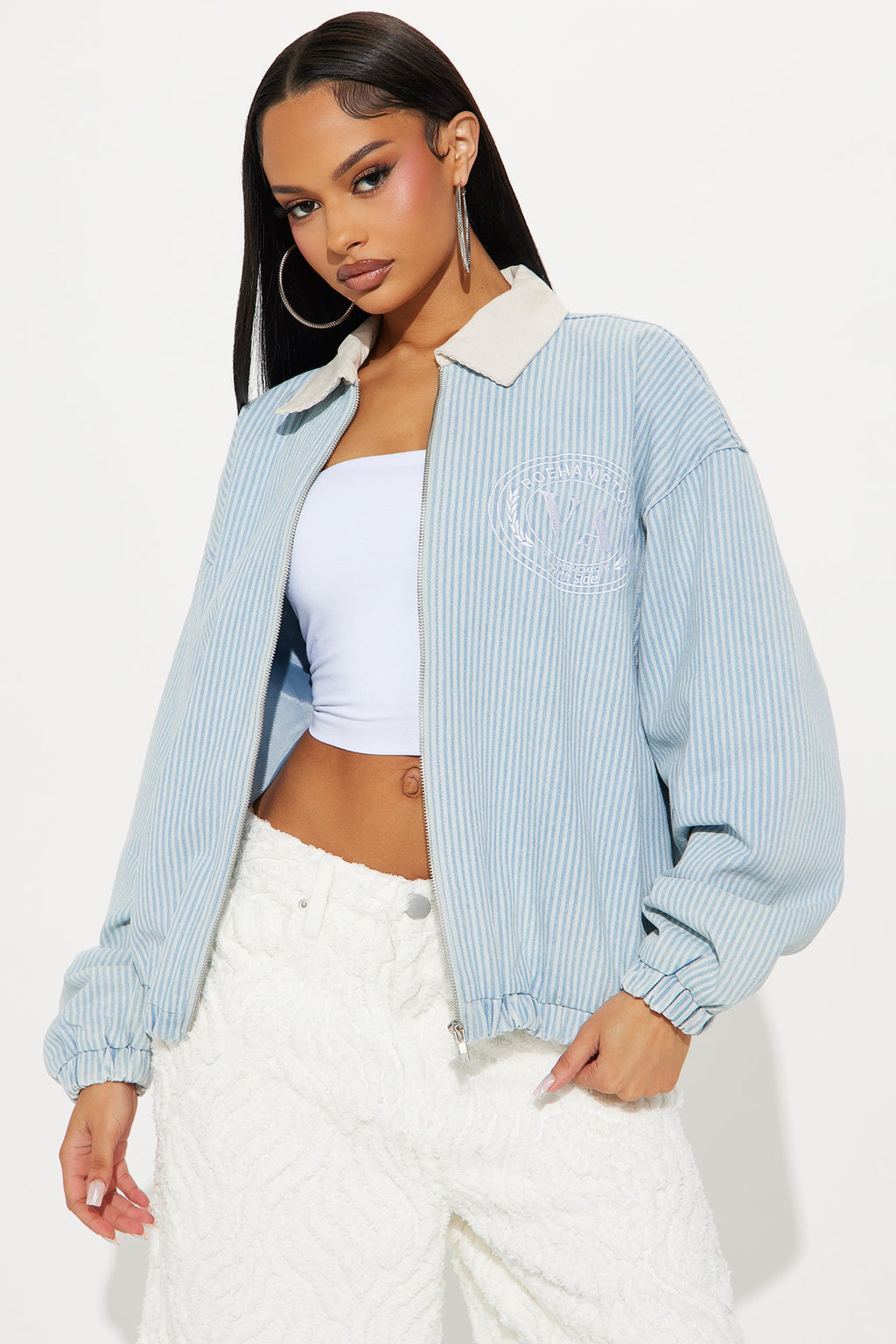 Hamptons Pinstripe Denim Bomber Jacket - Blue/combo