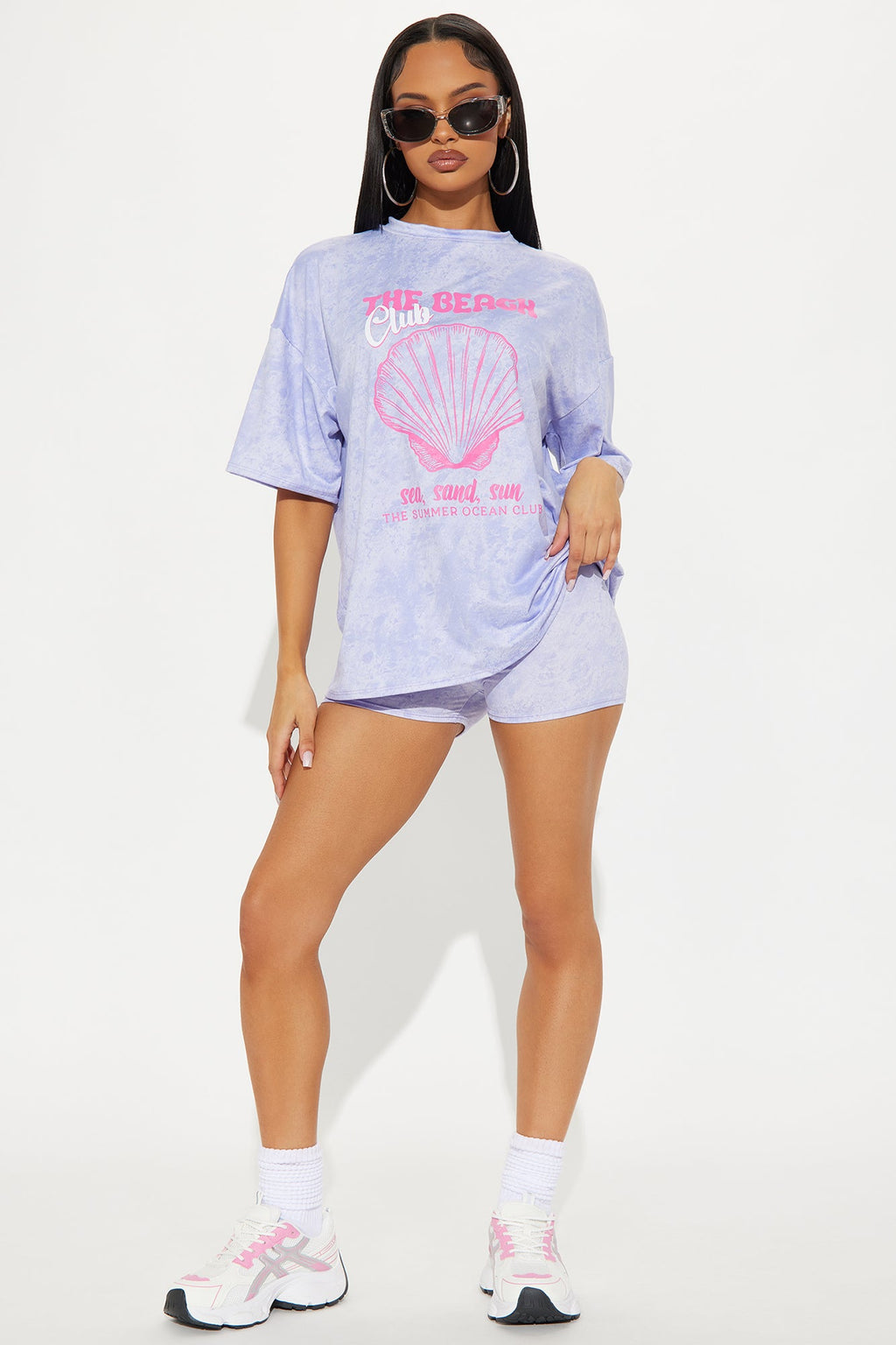 Beach Club Washed Oversize T-Shirt Biker Short Set - Lavender