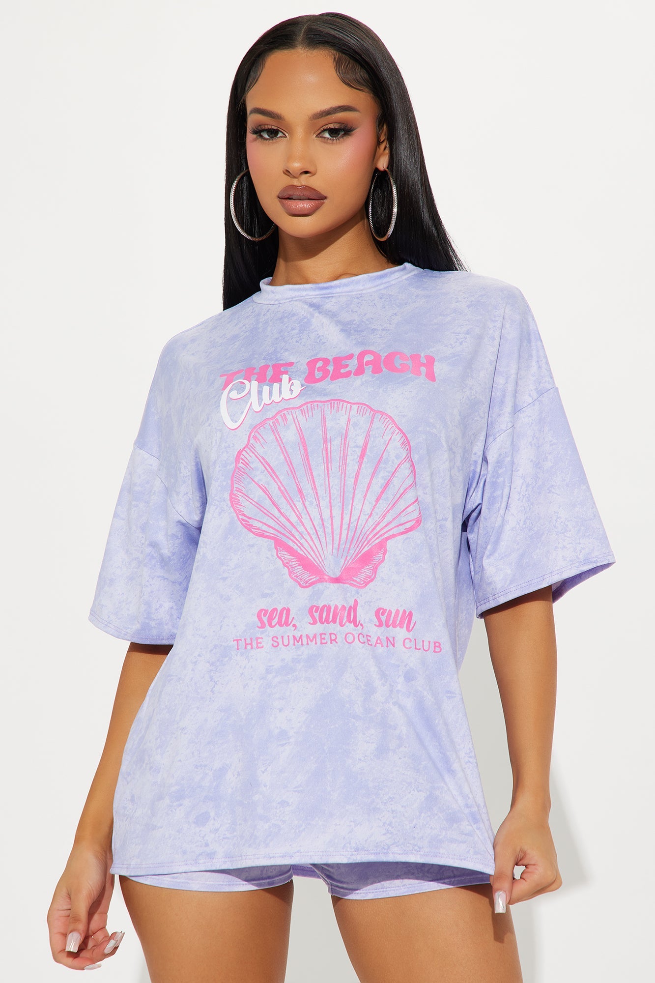 Beach Club Washed Oversize T-Shirt Biker Short Set - Lavender