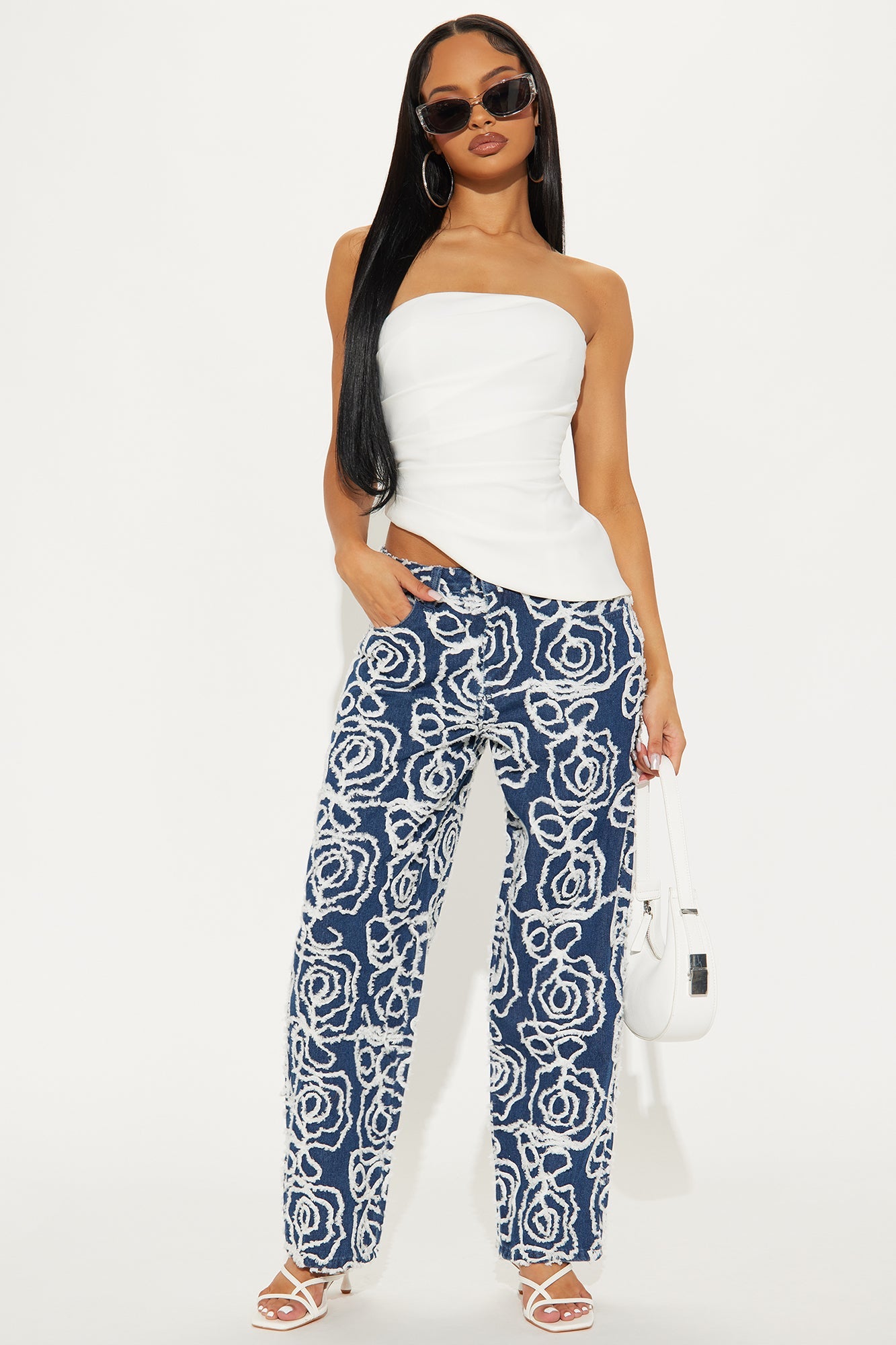 Urban Flora Loose Straight Leg Jeans - Medium Wash