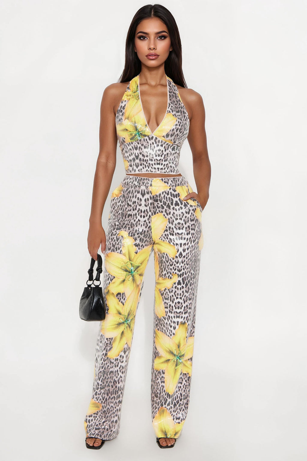 Golden Instincts Sequin Leopard Pant Set - Yellow/combo