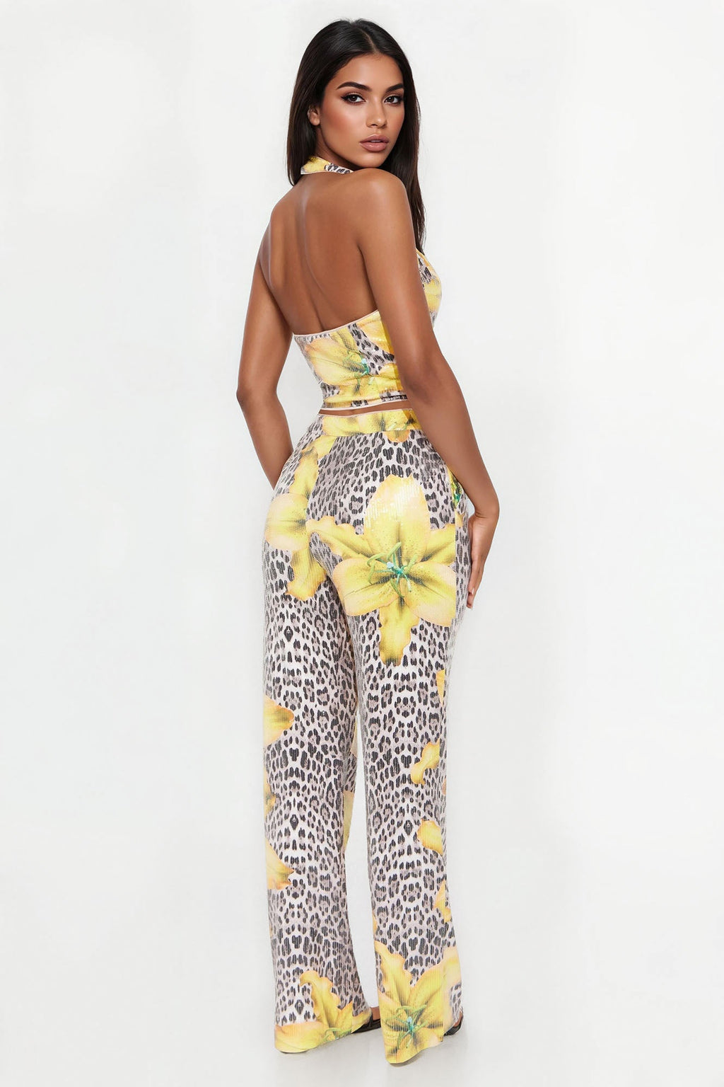 Golden Instincts Sequin Leopard Pant Set - Yellow/combo